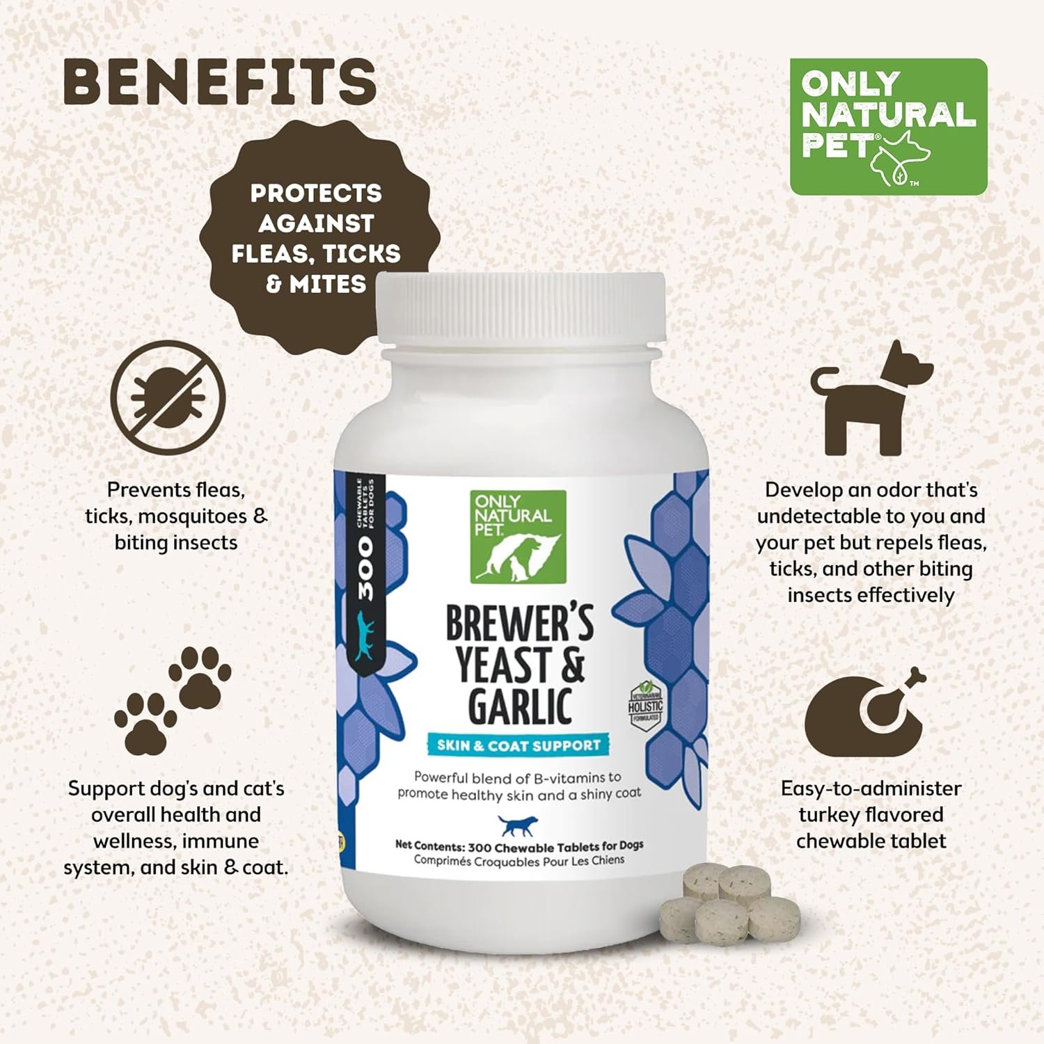 Only Natural Pet Brewer's Yeast & Garlic Chewables - All-Natural Flea & Tick Prevention for Dogs - Fortified with B Vitamins - Promotes Healthy Skin & Coat - 300 Count Tablet (3 Pack) - Image 3