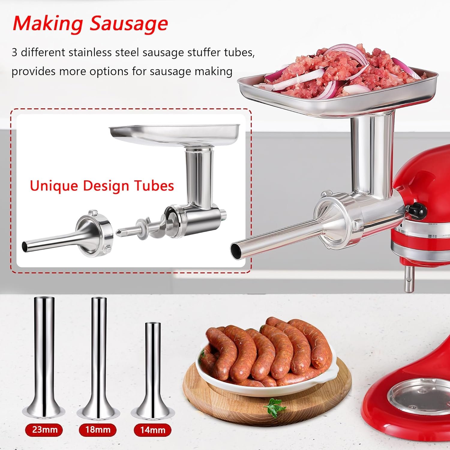 Food Grinder Attachment for KitchenAid Mixers,Stainless Steel Dishwasher Safe Meat Mincer Accessories Set Included 3 Sausage Stuffer Tubes - Image 5