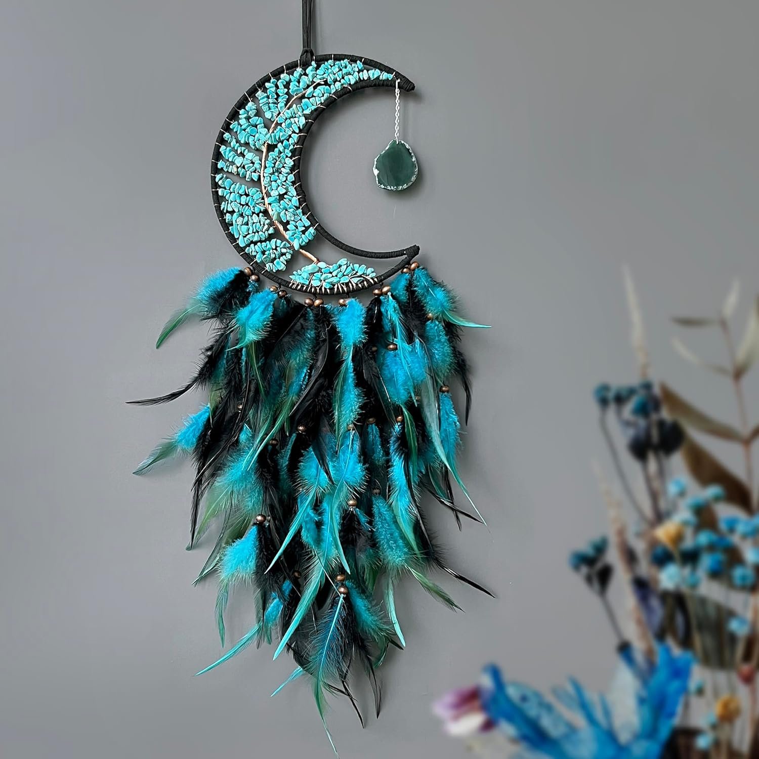 Dksuwe Moon Dream Catchers with Chakra Gemstone Agate Stone, Crystal Tree Life Dream Catchers Wall Hangings Room Decor (Green) - Image 9