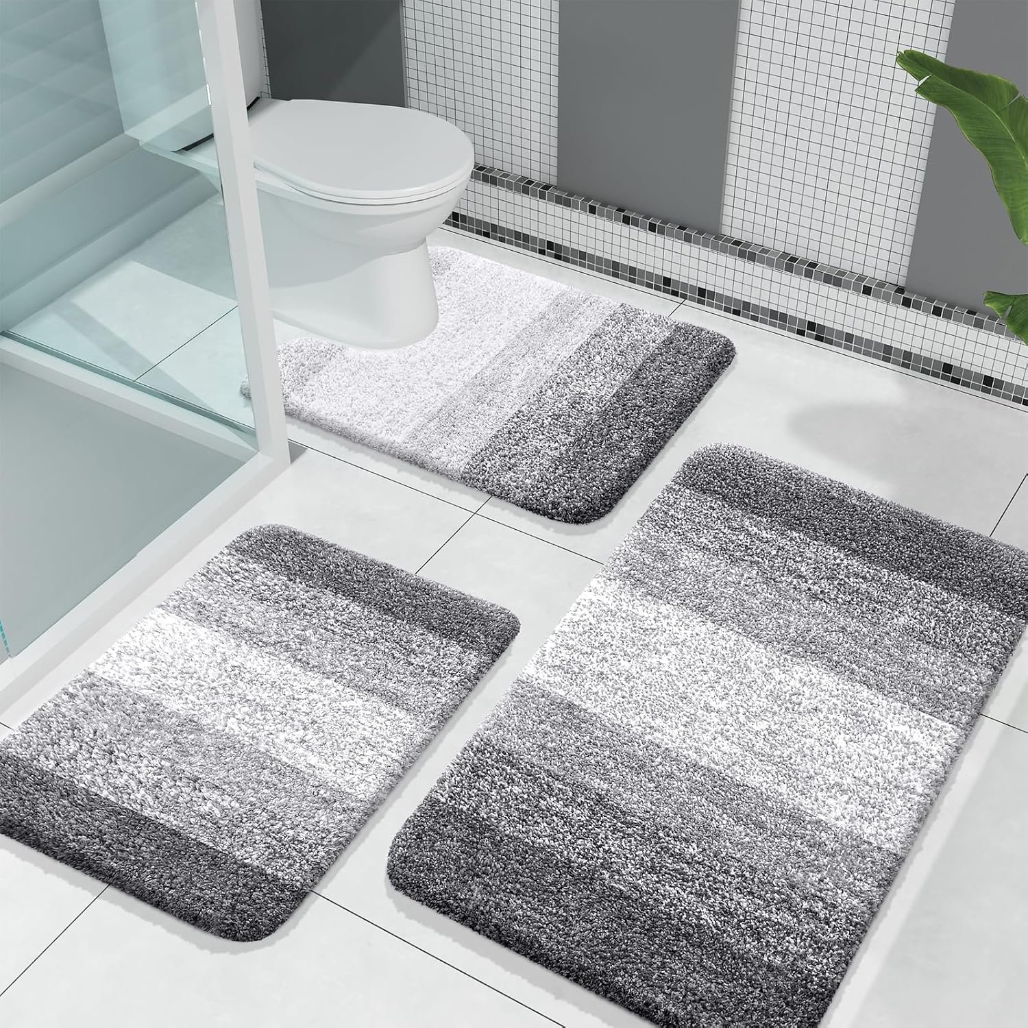 OLANLY Bathroom Rugs Sets 3 Piece, Soft Absorbent Microfiber Bath Rugs and U-Shaped Contour Toilet Rug Area Rug Set, Non-Slip Bath Carpet, Home Decor Accessories, Bath Mat Set for Bathroom, Grey - Image 2