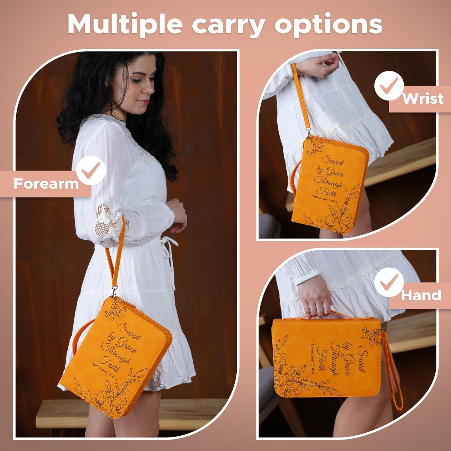 Large Bible Cover Case for Women (11"x8"x2.5") PU Leather Bible Cover for Girl w/Wristlet Strap, Bible Cover for Women w/Engraved Floral Lily Design, Waterproof Bible Case for Women (Orange) - Image 4