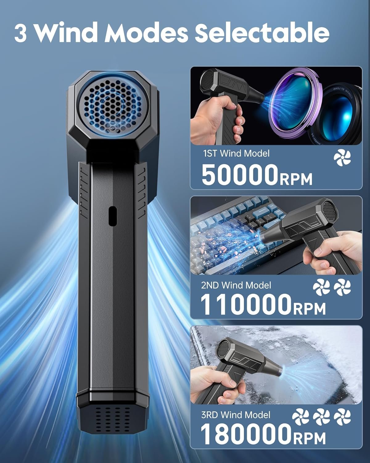 Compressed Air Duster, 180000RPM Electric Air Duster with Brushless Motor, 3 Gear Rechargeable Mini Blower, Keyboard Cleaning kit, Jet Dry Blower for PC, Car, Home Cleaning (Black) - Image 5