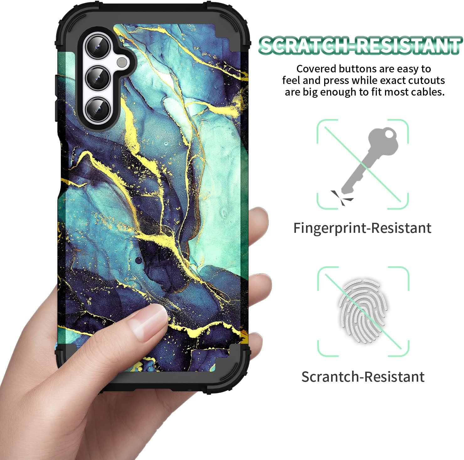 for Galacy A14 5G Case,Marble Design Three Layer Heavy Duty Shockproof Hybrid Hard Plastic Bumper Soft Silicone Rubber Drop Protective Cover Case for Galaxy A14 6.6",(Blue-Green) - Image 6