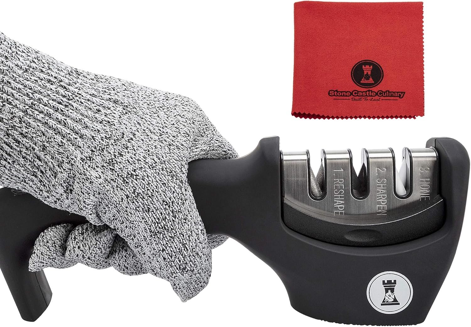 Knife Sharpeners for Steel and Ceramic Kitchen Knives - Manual Handheld System to Safely Sharpen and Hone your Knife - Includes Cut Resistant Glove and Blade Cloth (Black) - Image 2
