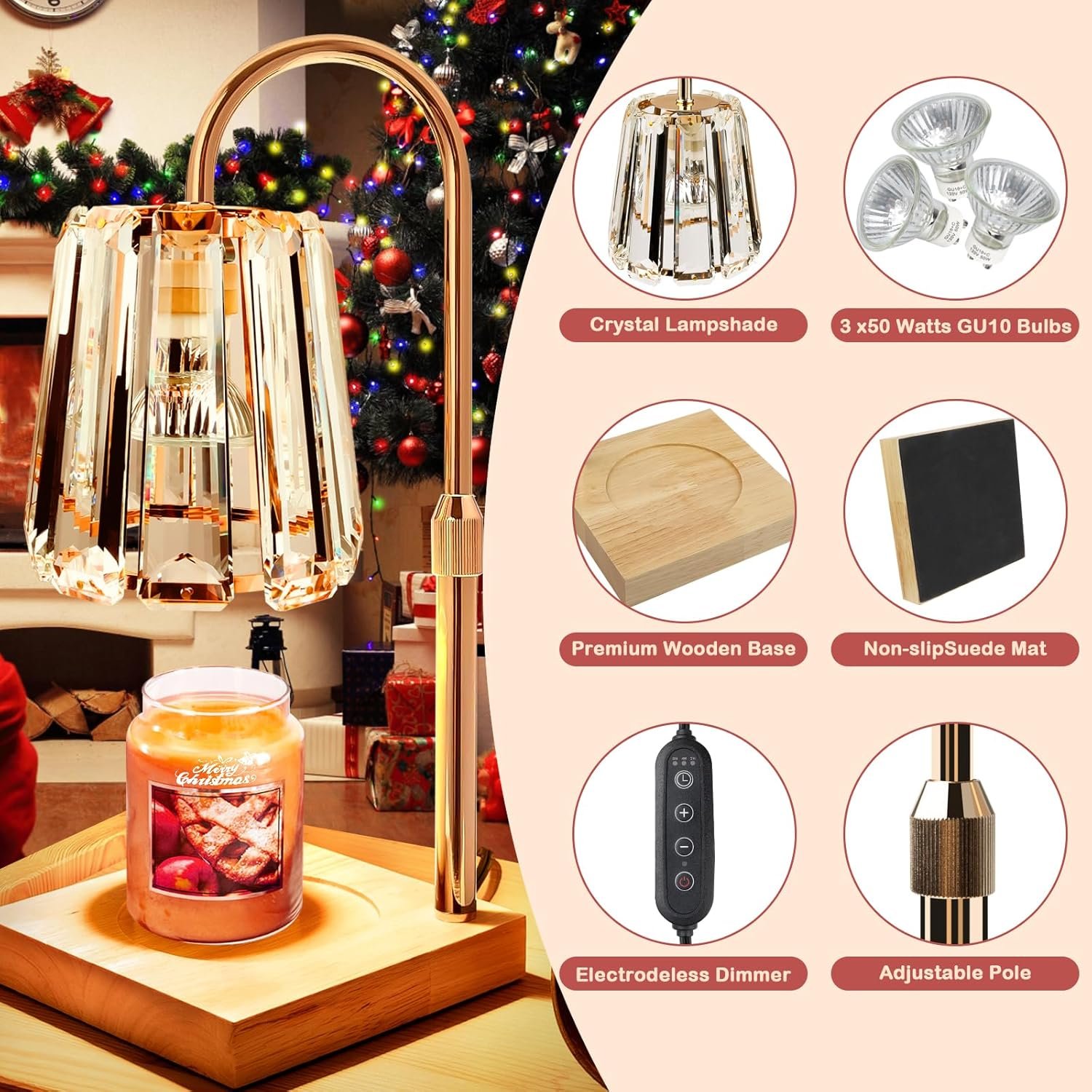 Candle Warmer Electric Wax Lamp - Candle Melt Lamp with Timer Dimmable Crystal Table Lamp Adjust Height for Jar Candles House Warming Gifts Home Bedroom Decor Candle Light Wax Warmers with 3 Bulbs - Image 5