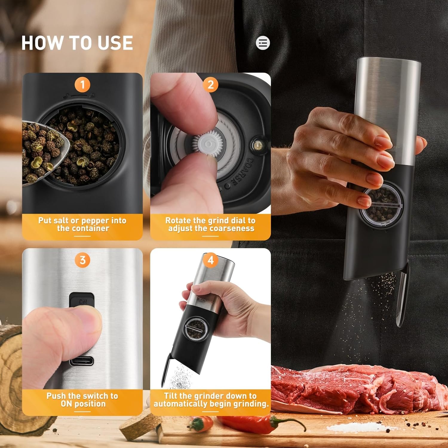 Secura Electric Salt and Pepper Grinder Set Gravity Automatic Pepper Mill Grinder with LED Light Salt Grinder Rechargeable One Hand Operated Salt and Pepper Grinder, 2 PCS - Image 7