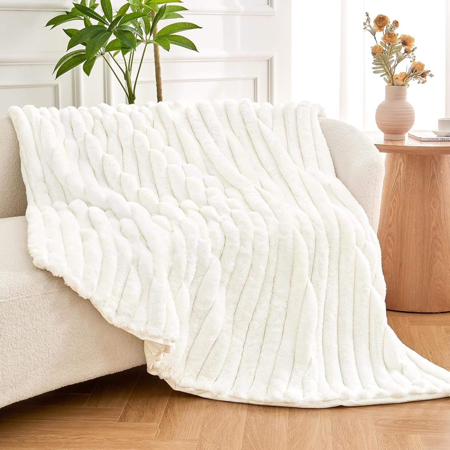 Andency White Throw Blanket for Couch, Super Soft Cozy Warm Fluffy Plush Blankets for Bed Sofa Living Room, Cute Faux Fur Lightweight Blanket for Women Grils, Off White, 50x60 inches - Image 3