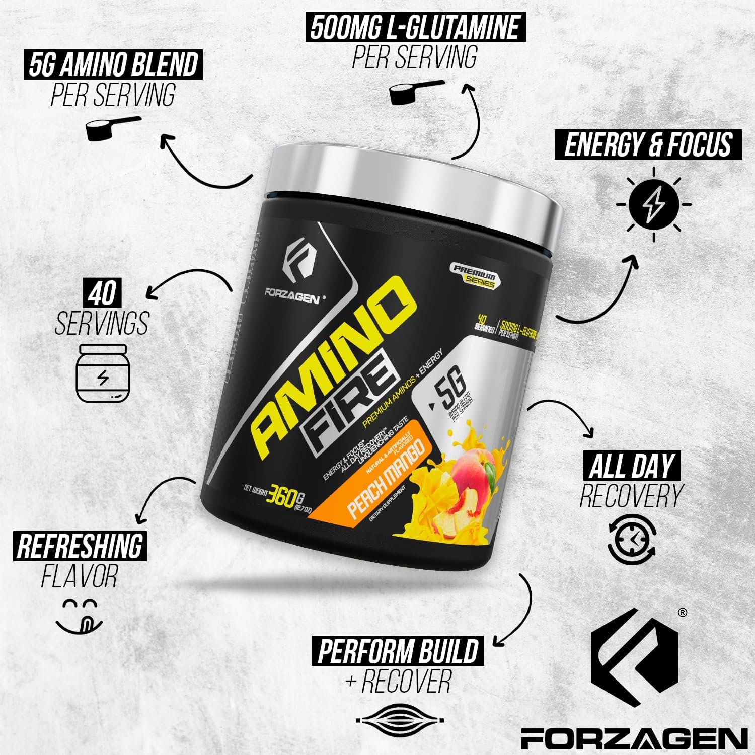 Forzagen Amino Fire | Essential Amino Energy Powder for Pre-Workout | BCAA Energy Boost & Muscle Recovery Drink Mix, Enhance Focus & Concentration, Dietary Supplement | Peach Mango, 40 Servings - Image 8