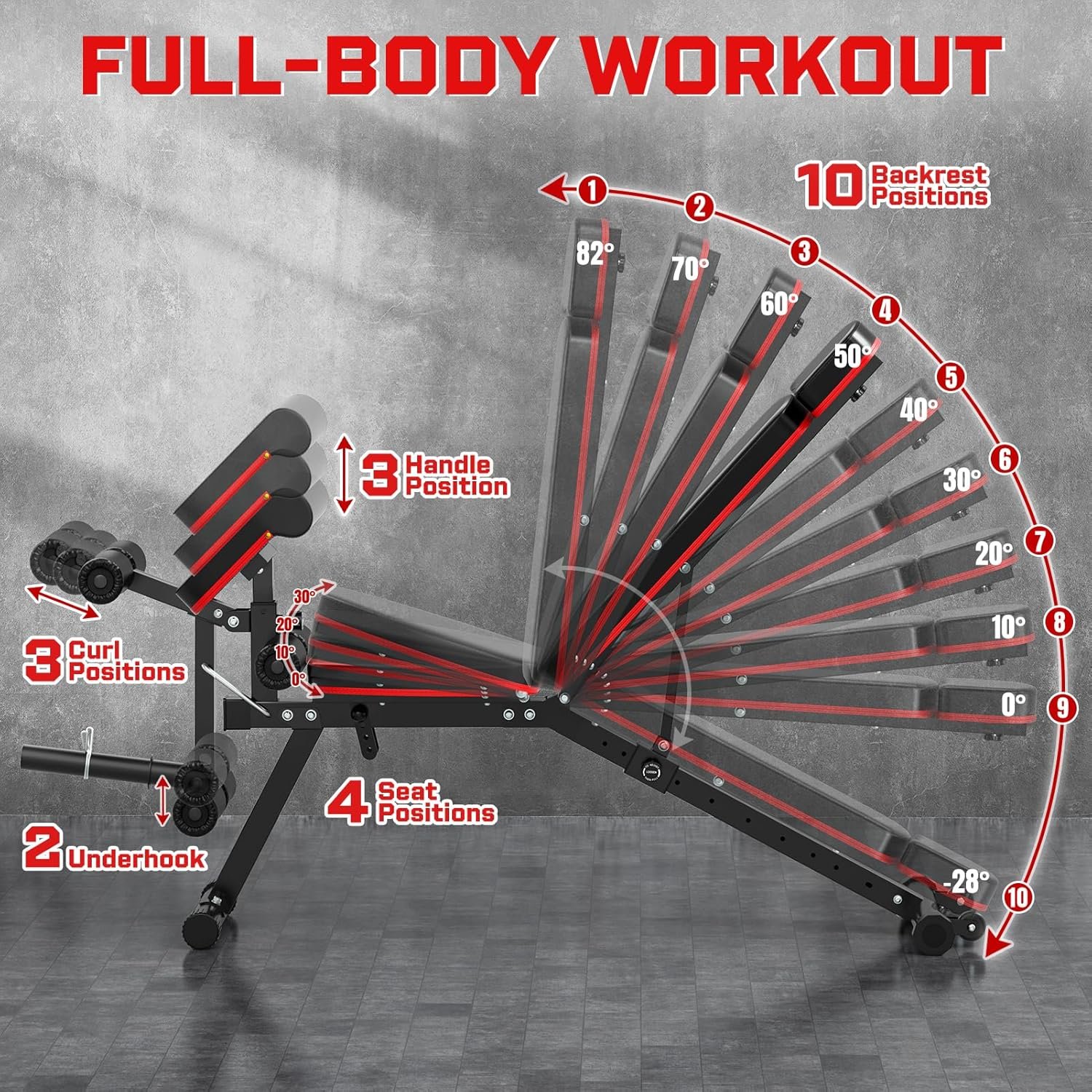 Fostoy Adjustable Weight Bench, 800lbs Workout Bench for Home Gym, Incline Decline Flat Exercise Bench Press for Full Body Strength Training with Extended Headrest and Leg Extension, Red&Black - Image 3