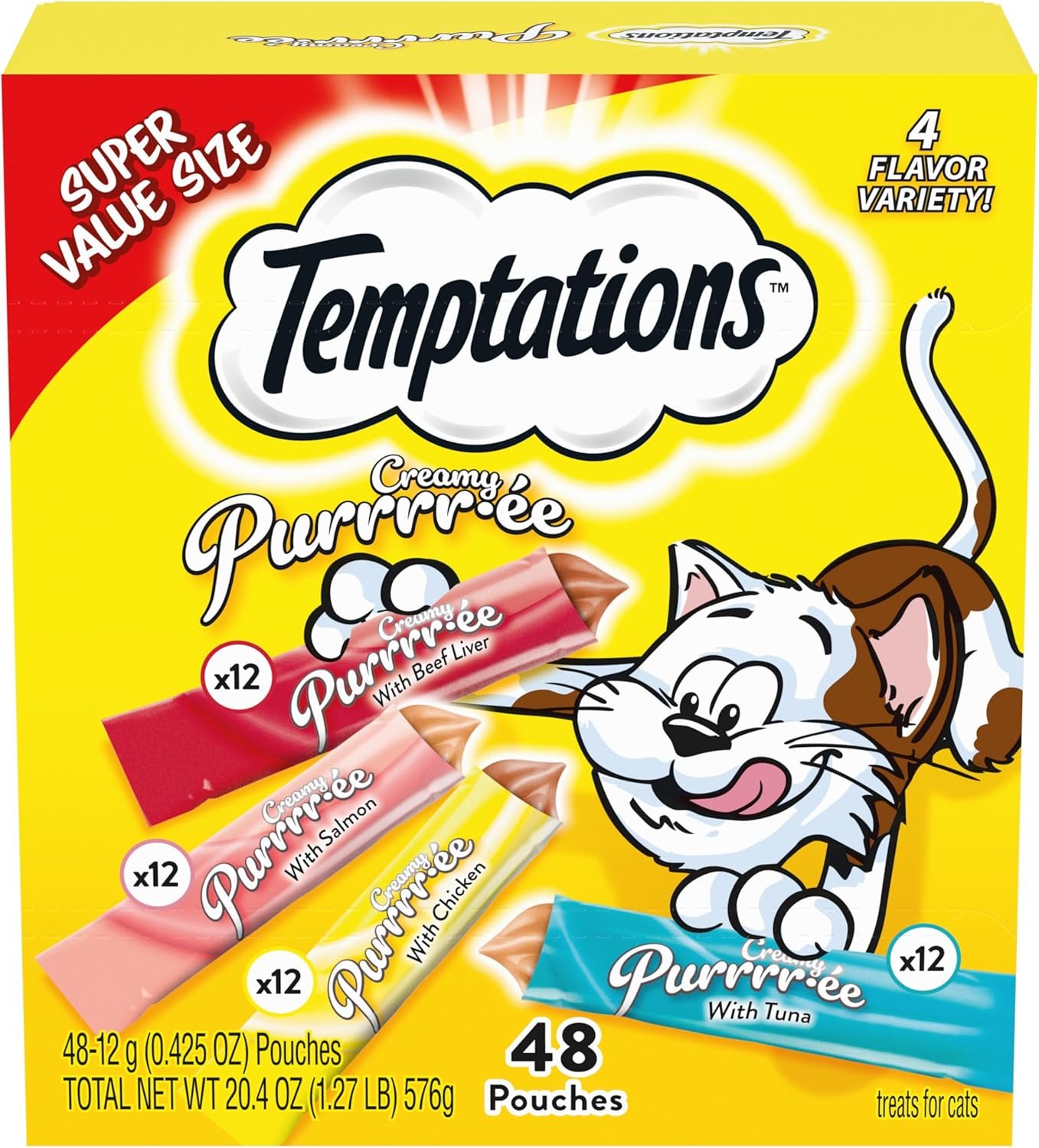 Temptations Creamy Puree with Beef Liver, Salmon, Chicken, and Tuna Squeezable Lickable Wet Cat Treat Variety Pack, 0.42 oz. Tubes, Pack of 48 - Image 2