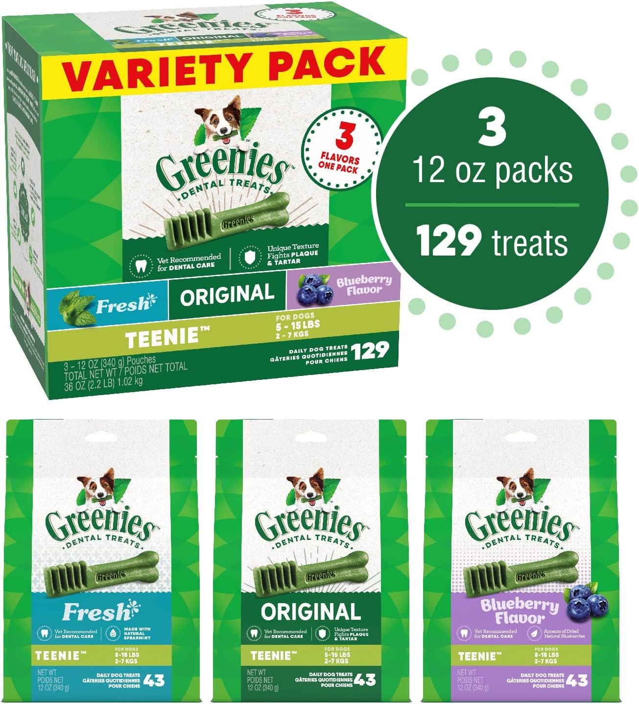 GREENIES TEENIE Natural Dog Dental Care Chews Oral Health Dog Treats 3-Flavor Variety Pack, (3) 12 oz. Pouches, 129 Total Treats - Image 4