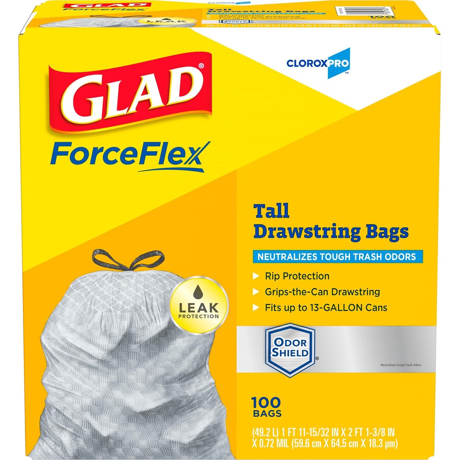 Glad Trash Bags, ForceFlex Tall Kitchen Drawstring Garbage Bags, Clorox 13 Gallon Trash Bags for Tall Trash Can, Industrial Cleaning, Unscented, 100 Count - 70427 - Image 2