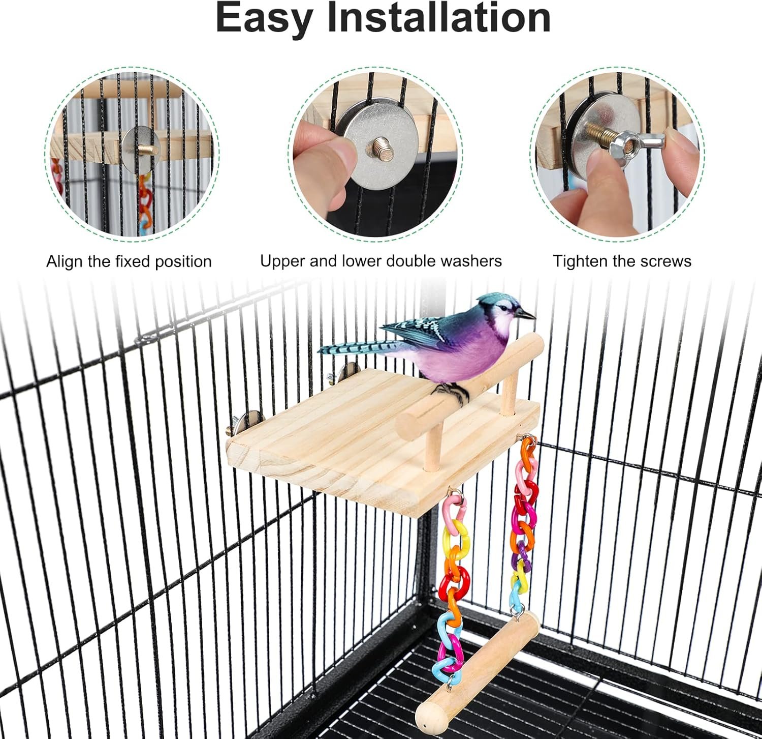 Bird Perches Cage Toys Parrot Wooden Platform Play Gyms Exercise Stands with Acrylic Wood Swing Ferris Wheel Chewing for Animals Green Cheeks, Baby Lovebird, Chinchilla, Hamster Budgie - Image 7