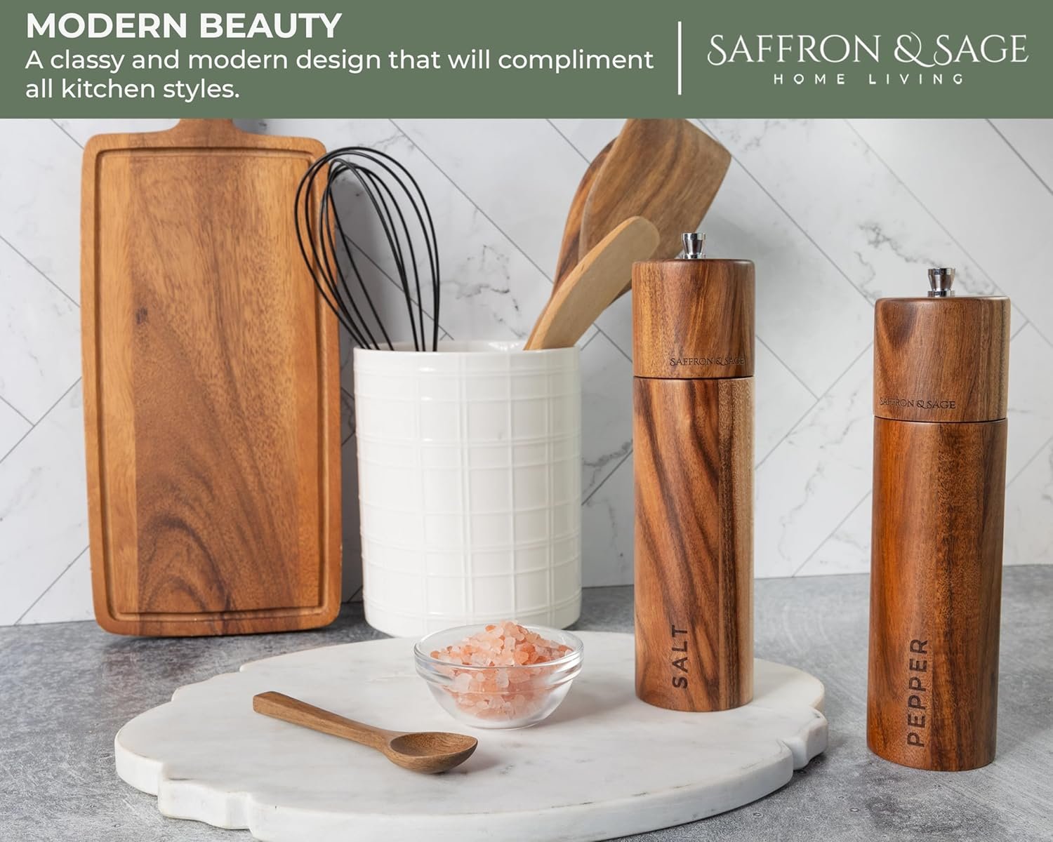 Saffron & Sage Premium Acacia Wood Salt and Pepper Grinder Set of 2-8” Tall Salt and Peppercorn Mill with Adjustable Coarse Settings, Rust Resistant, Smooth and Quality Grinding Mechanism - Image 5