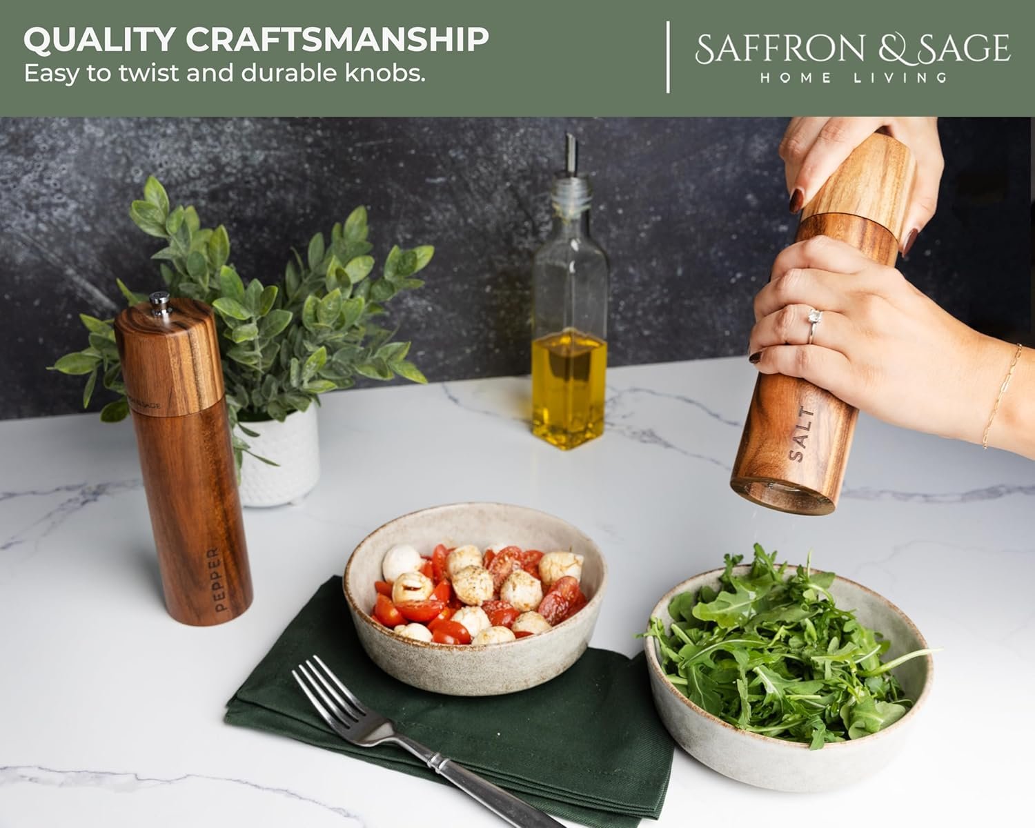 Saffron & Sage Premium Acacia Wood Salt and Pepper Grinder Set of 2-8” Tall Salt and Peppercorn Mill with Adjustable Coarse Settings, Rust Resistant, Smooth and Quality Grinding Mechanism - Image 4