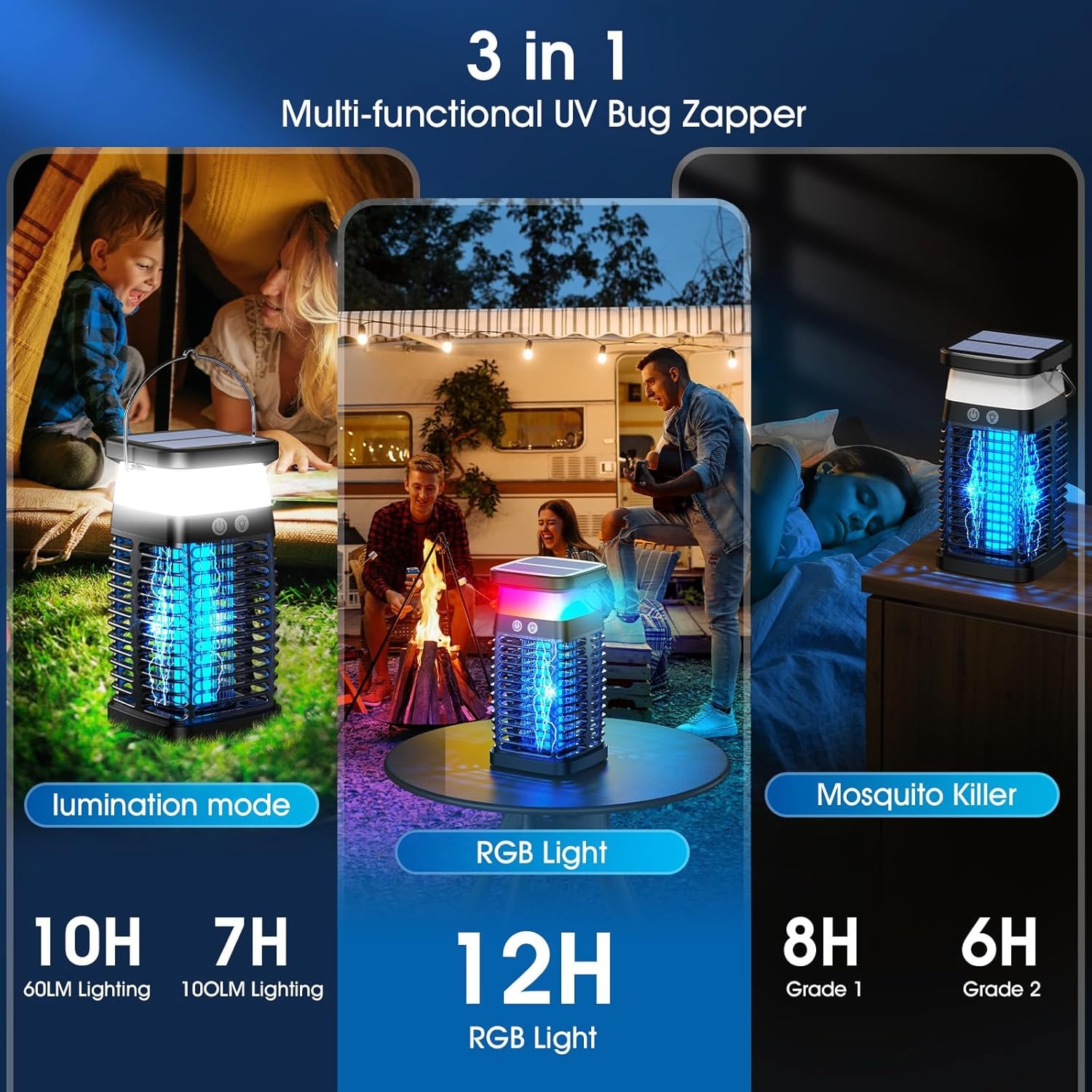 Bug Zapper Outdoor Indoor Mosquito Zapper Solar Fly Zapper Rechargeable Electric Mosquito Killer IP68 Waterproof Insect Fly Trap Plug in with RGB Light & Reading Lamp for Patio Camping Home Backyard - Image 4