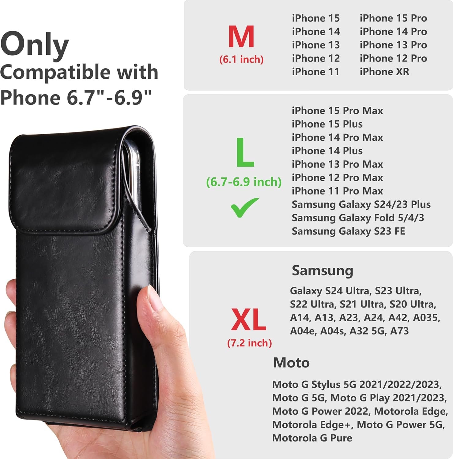Holster for iPhone 16 Pro Max 15 Pro Max 14 Pro Max 13 Pro Max 12 Pro Max 16 Plus 15 Plus 14 Plus, Premium Leather Pouch with Belt Clip Phone Holster Belt Case, Black -L - Image 3