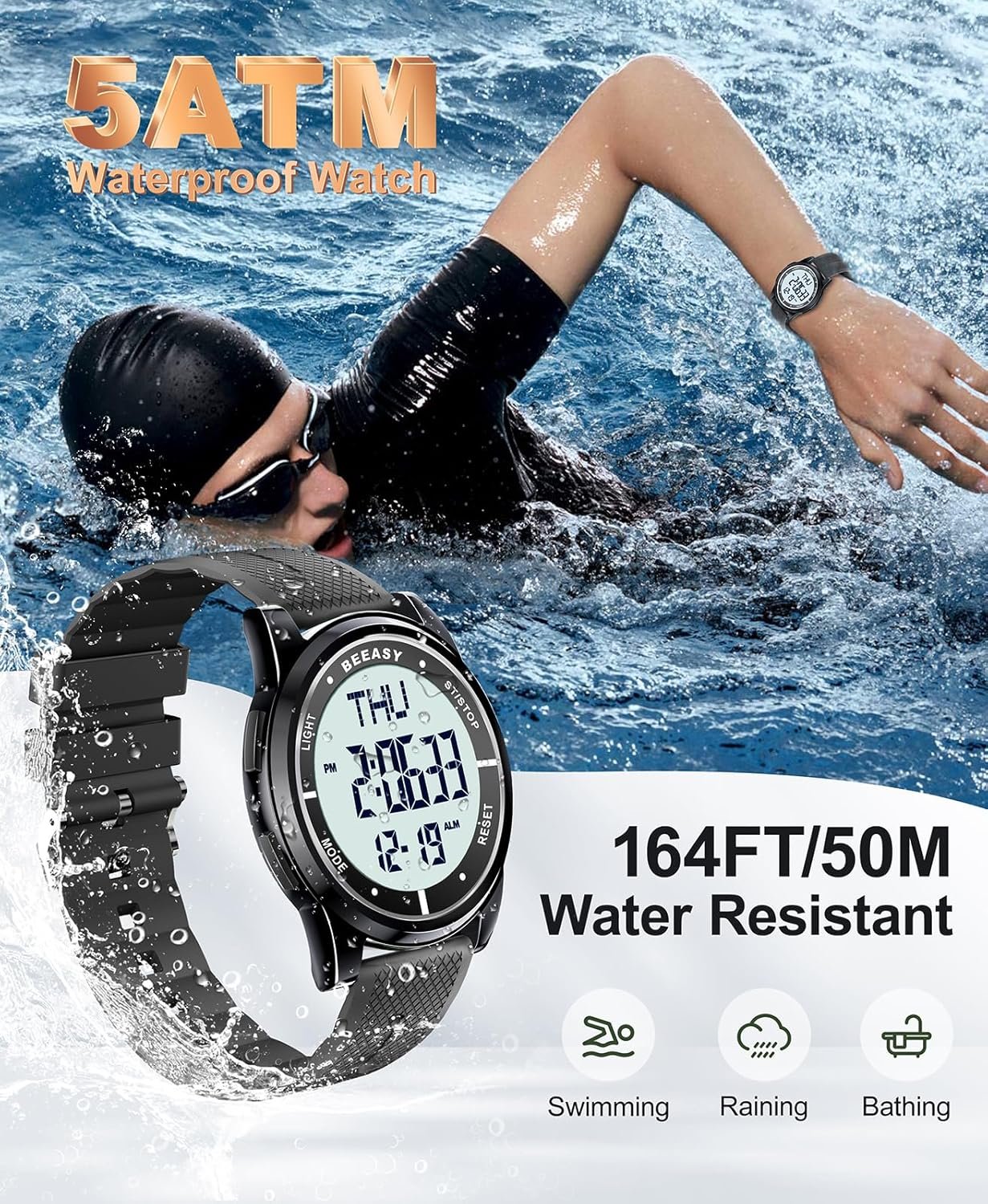 Beeasy Digital Watch Waterproof with Stopwatch Alarm Countdown Dual Time, Ultra-Thin Super Wide-Angle Display Digital Wrist Watches for Men Women - Image 3