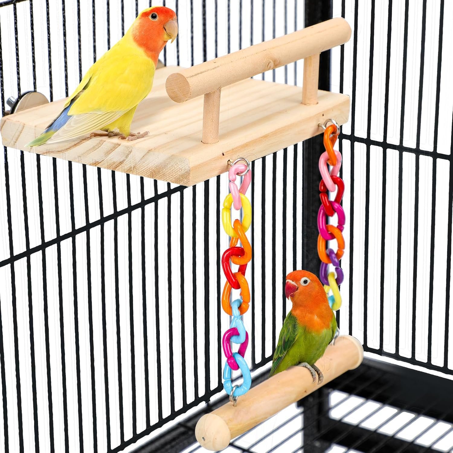 Bird Perches Cage Toys Parrot Wooden Platform Play Gyms Exercise Stands with Acrylic Wood Swing Ferris Wheel Chewing for Animals Green Cheeks, Baby Lovebird, Chinchilla, Hamster Budgie - Image 2