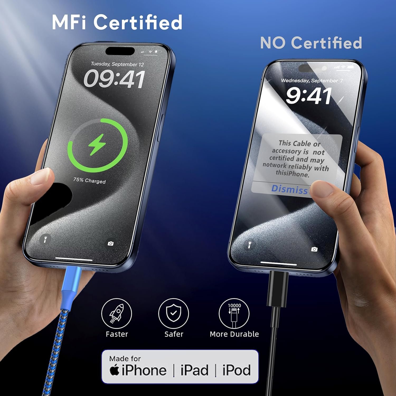 iPhone Charger Cord 3Pack 10FT Apple MFi Certified Nylon Braided Fast Charging Lightning Cable Compatible with iPhone 14/13/12/11 Pro/11/XS MAX/XR and More - Image 5