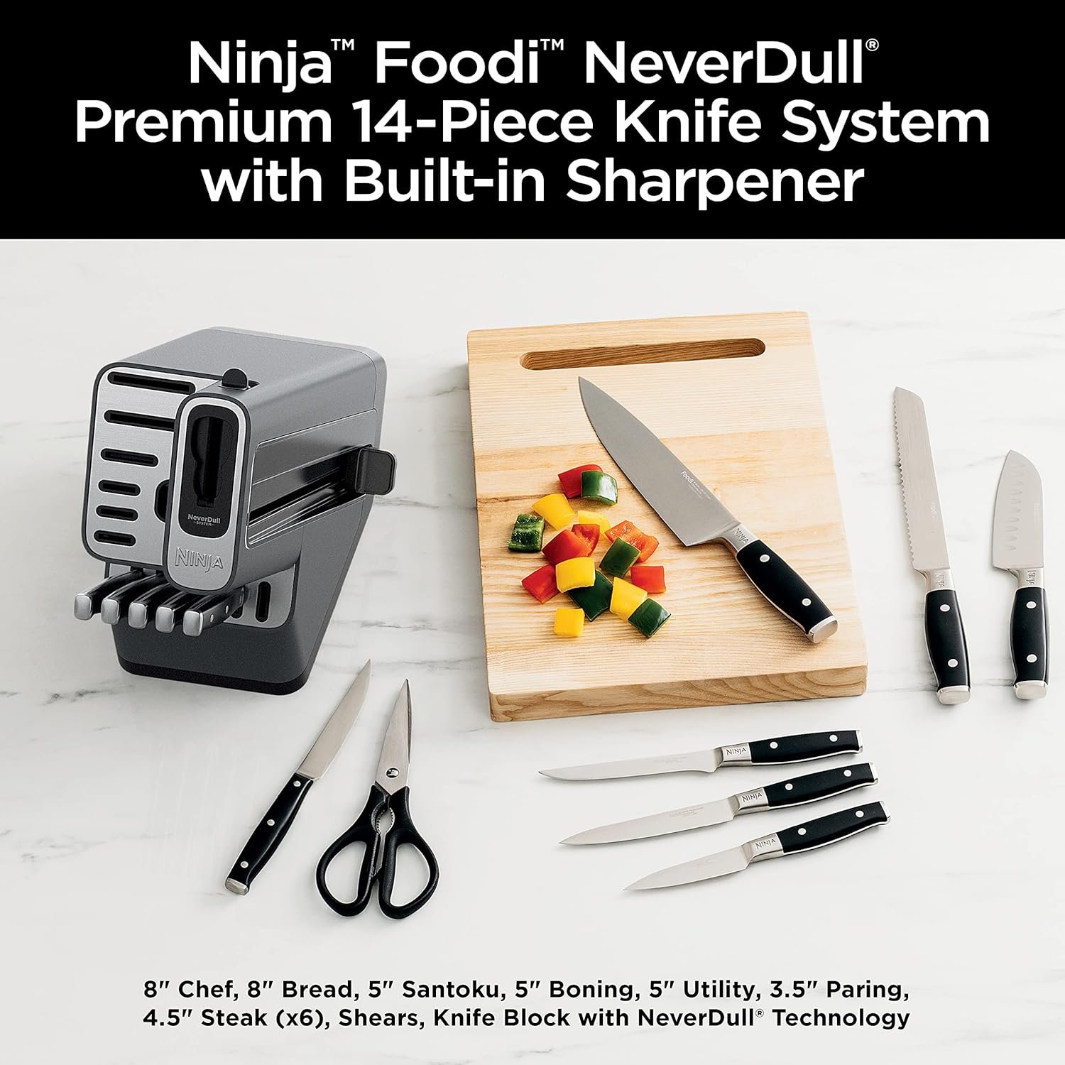 Ninja Knife Set, Knife Sharpener, Knife Block Set, Stainless Steel Knives, 14 Piece Set, Steak Knives, Chef Knives and More, Foodi NeverDull, Black, K32014 - Image 3
