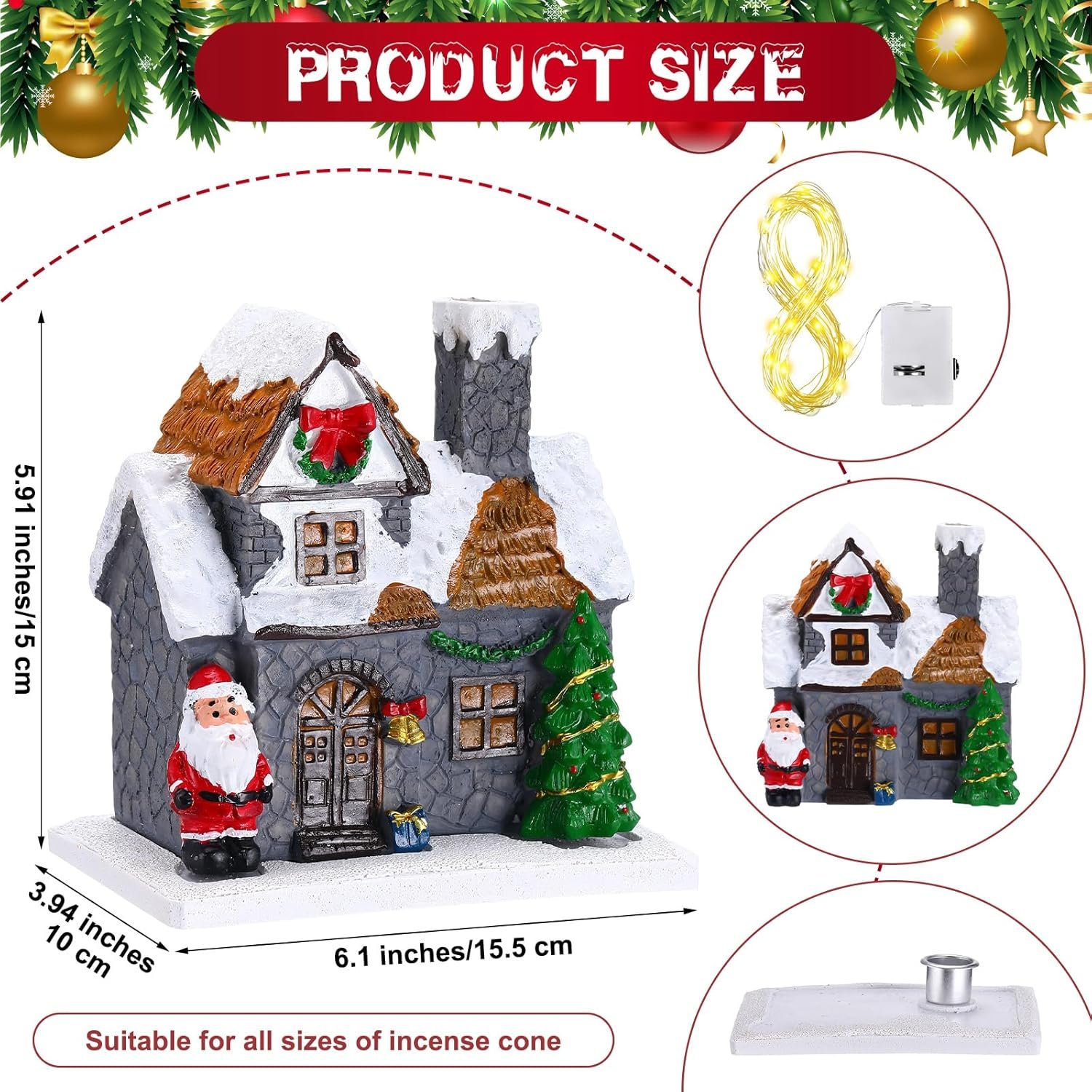 6.1 Inch Christmas Incense Burner Village House with Light String Resin Backflow Incense Holder Gift Cabin Winter Snowy Town with Xmas Tree Snowman for Fireplace Tabletop Decor(Simple) - Image 7