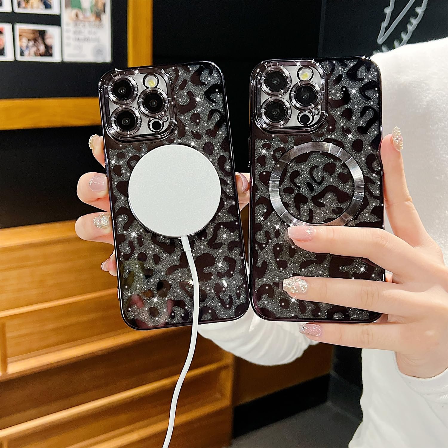 for iPhone 15 Pro Max Case Magnetic,Soft Cute Luxury Leopard Cheetah Pattern Plating Glitter Bling Phone Case Compatible with MagSafe Clear Shockproof Back Cover for Women Girl 6.7"-Black - Image 5