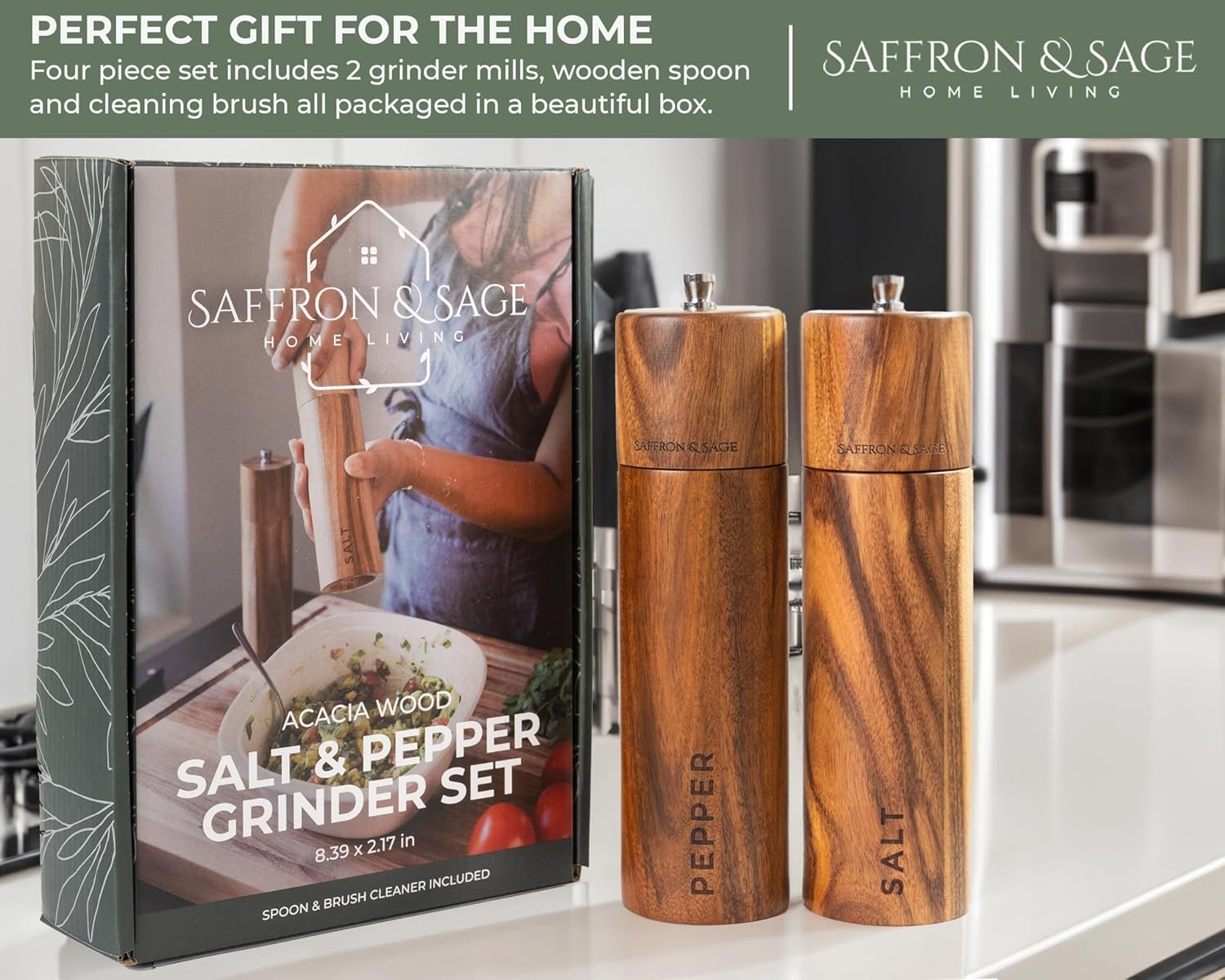 Saffron & Sage Premium Acacia Wood Salt and Pepper Grinder Set of 2-8” Tall Salt and Peppercorn Mill with Adjustable Coarse Settings, Rust Resistant, Smooth and Quality Grinding Mechanism - Image 8