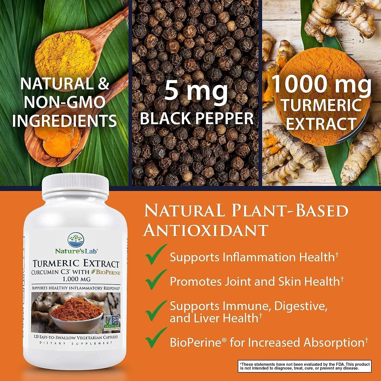 Nature's Lab Turmeric Curcumin C3 Complex 1000mg - Turmeric Extract 1000mg & BioPerine 5mg Standardized to 95%, Promotes Cardiovascular, Immune, Joint, Skin Health - 120 Capsules (60 Day Supply) - Image 3