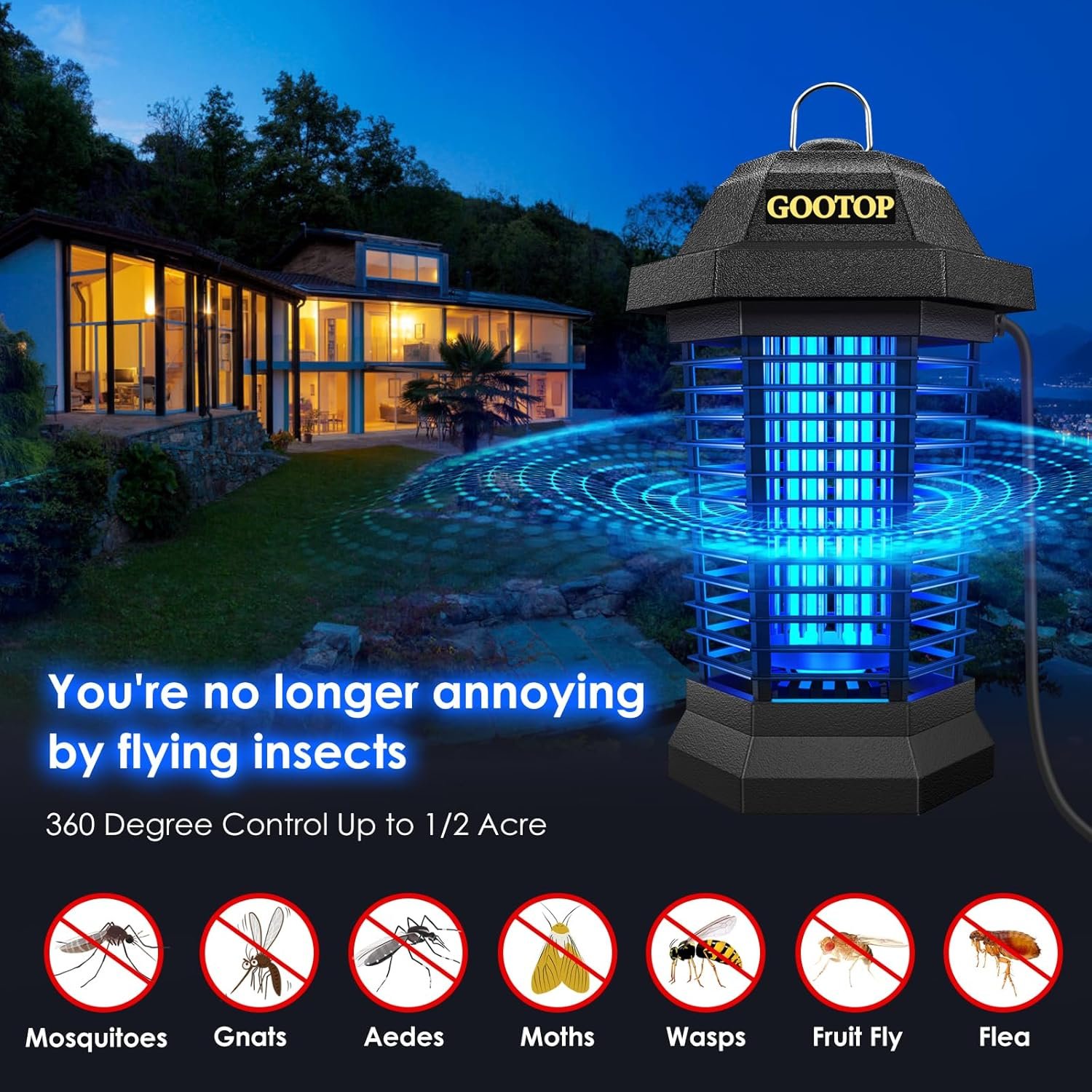 OOTOP Bug Zapper Outdoor Electric, Mosquito Zapper, Fly Traps, Fly Zapper, Mosquito Killer, 3 Prong Plug, 90-130V, ABS Plastic Outer (Black) with 15W Replacement Bulb - Image 3