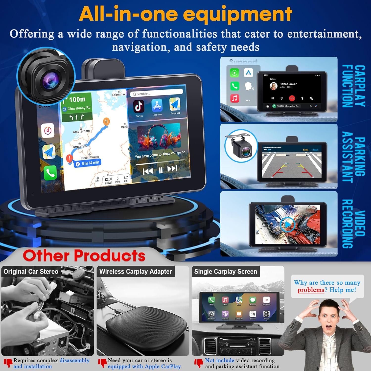 Car Screen Portable Carplay for Apple: 7 Inch Android Auto - Wireless Car Play with Backup Camera,2.5K Dash Cam,GPS Navigation,Car Audio Receivers Bluetooth,Mirror Link, Bluetooth,FM,Siri AMTIFO A28 - Image 4