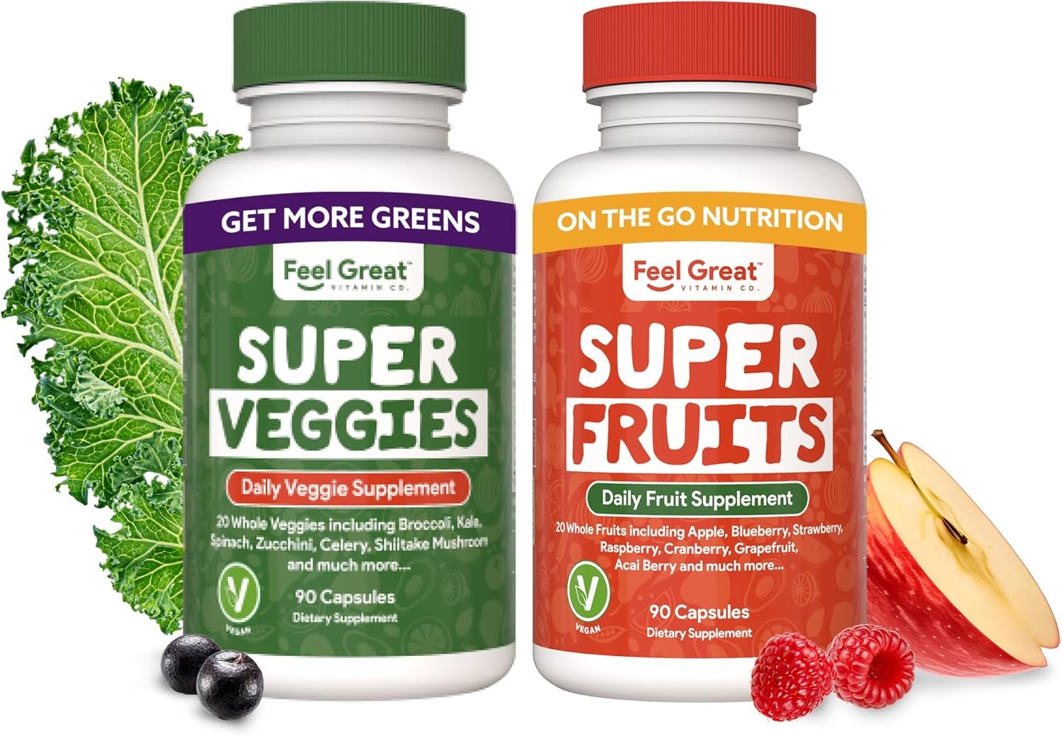 Feel Great Fruit and Vegetable Supplements | 20+ Super Reds & Greens for Natural Energy Support | Vegan Fruit and Veggie Vitamins | 2 Pack of 90 Count Each - Image 2