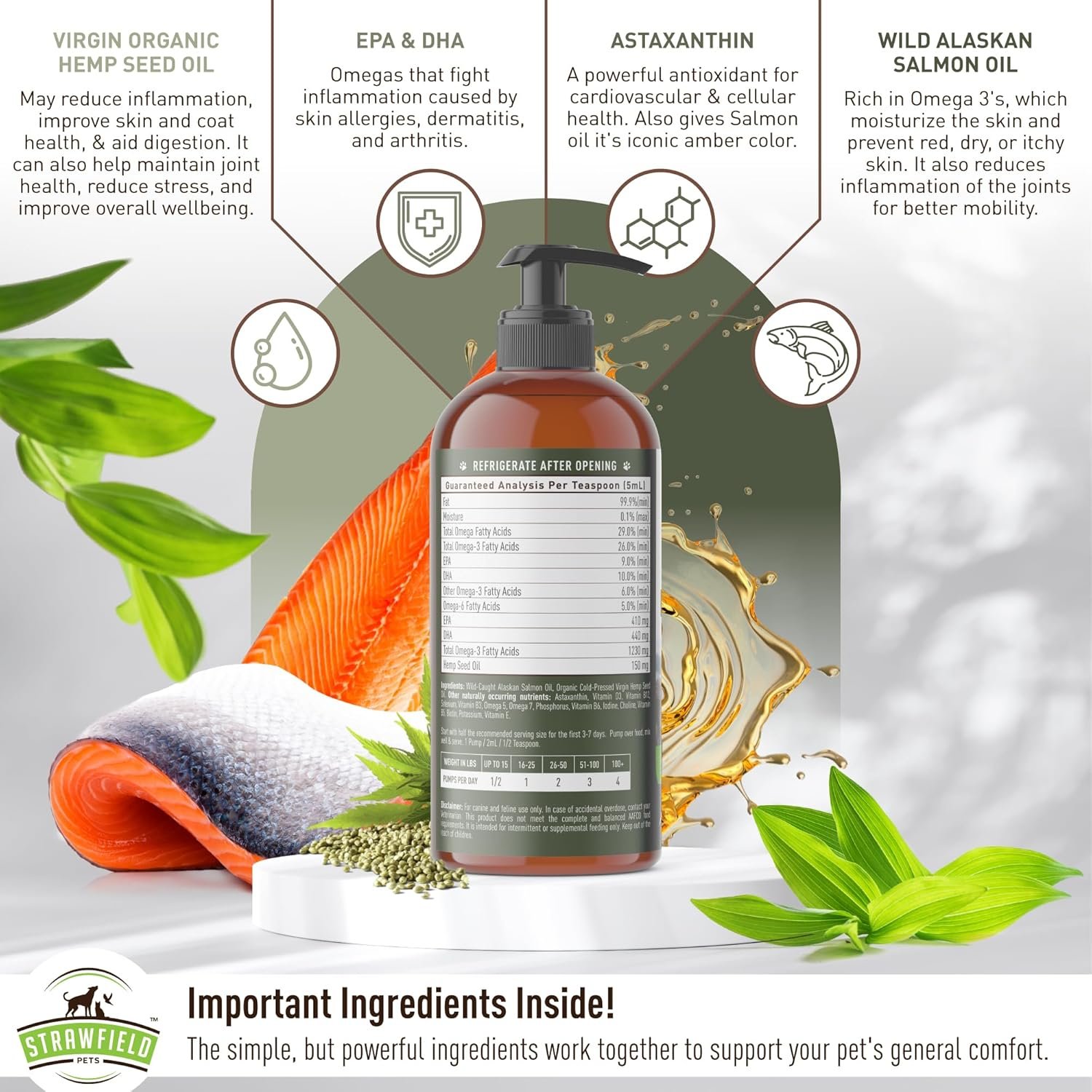 Strawfield Pets' Salmon + Hemp Oil Wild Alaskan Salmon Oil for Dogs & Cats with Organic Pet Hemp Oil Liquid Omega 3 Fish Oil for Dog Shedding, Dry Itchy Skin, Coat Supplement, USA 16 oz / 474 ml - Image 5