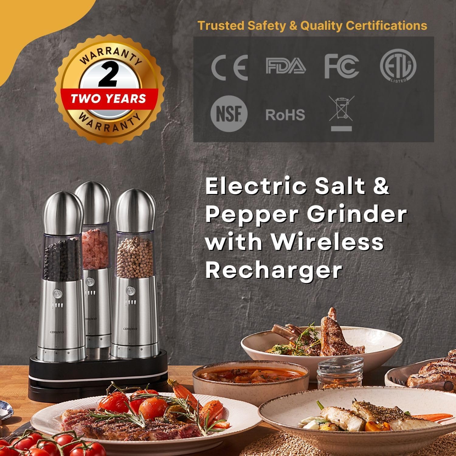 COSPRO 3-in-1 Wireless Charging Electric Salt and Pepper Grinder Set, Rechargeable Automatic Stainless Steel Spices Mill Set - One-Hand to Operate, Adjustable Coarseness, Easy Cleaning - Image 3