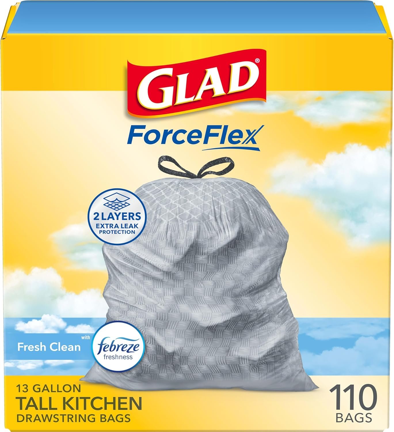 Glad Tall Kitchen Drawstring Trash Bags - Odorshield 13 Gallon White Trash Bag, Febreze Fresh Clean, 110 Count - Image 2