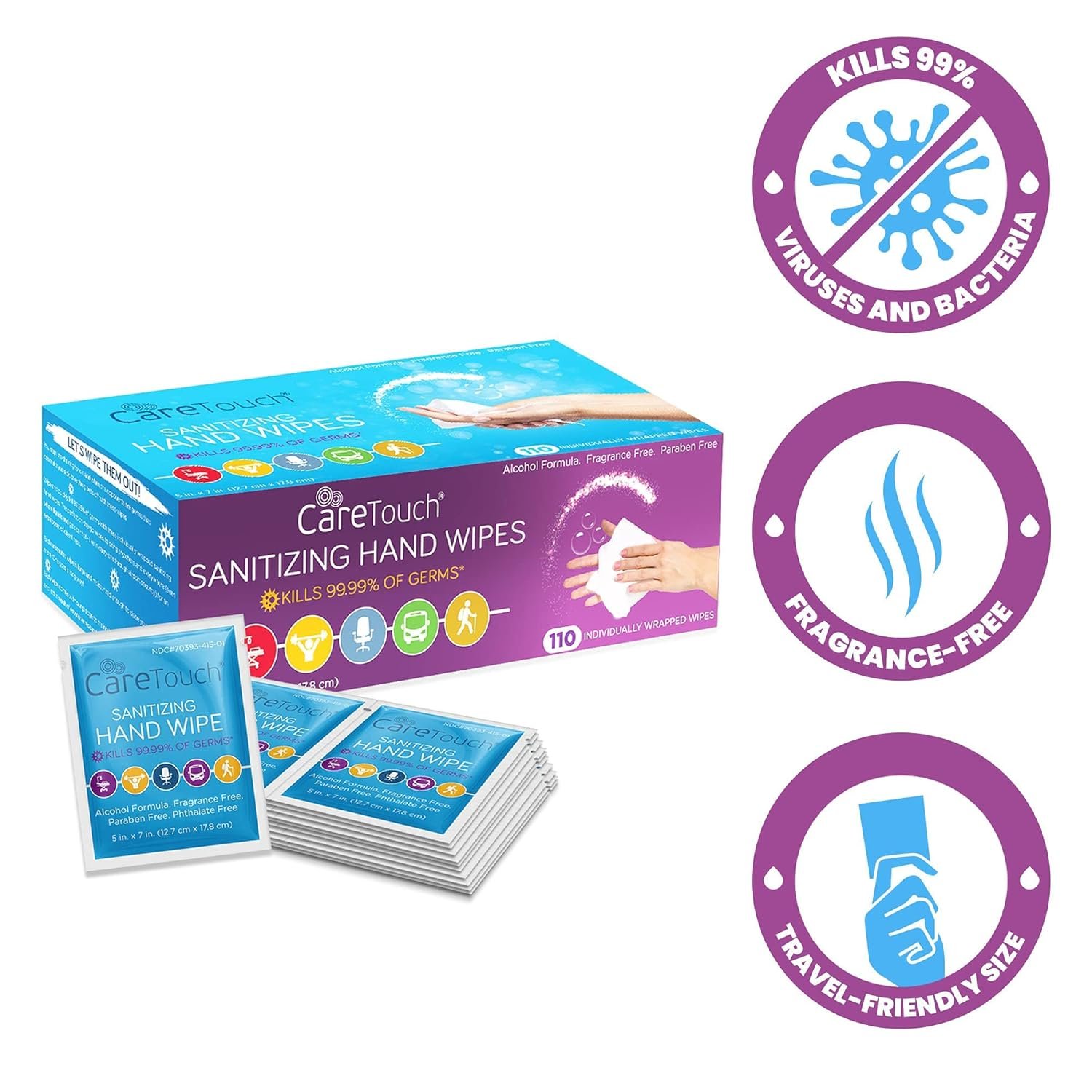 Care Touch Hand Sanitizer Wipes - 110 Hand Wipes Individually Wrapped - Travel Size - Sanitizing Wet Wipes for Home, Office & Outdoor Use - Image 3
