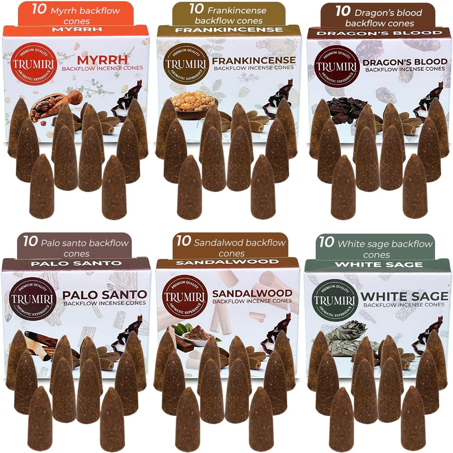 Woody - Backflow Incense Cones for Waterfall - Scented Inscents-Cones - Sandalwood, Dragons Blood, Palo Santo, White Sage - Insiensos Aromaticos - 6x10=60 Large Variety Pack - Back Flow Down Reverse - Image 3
