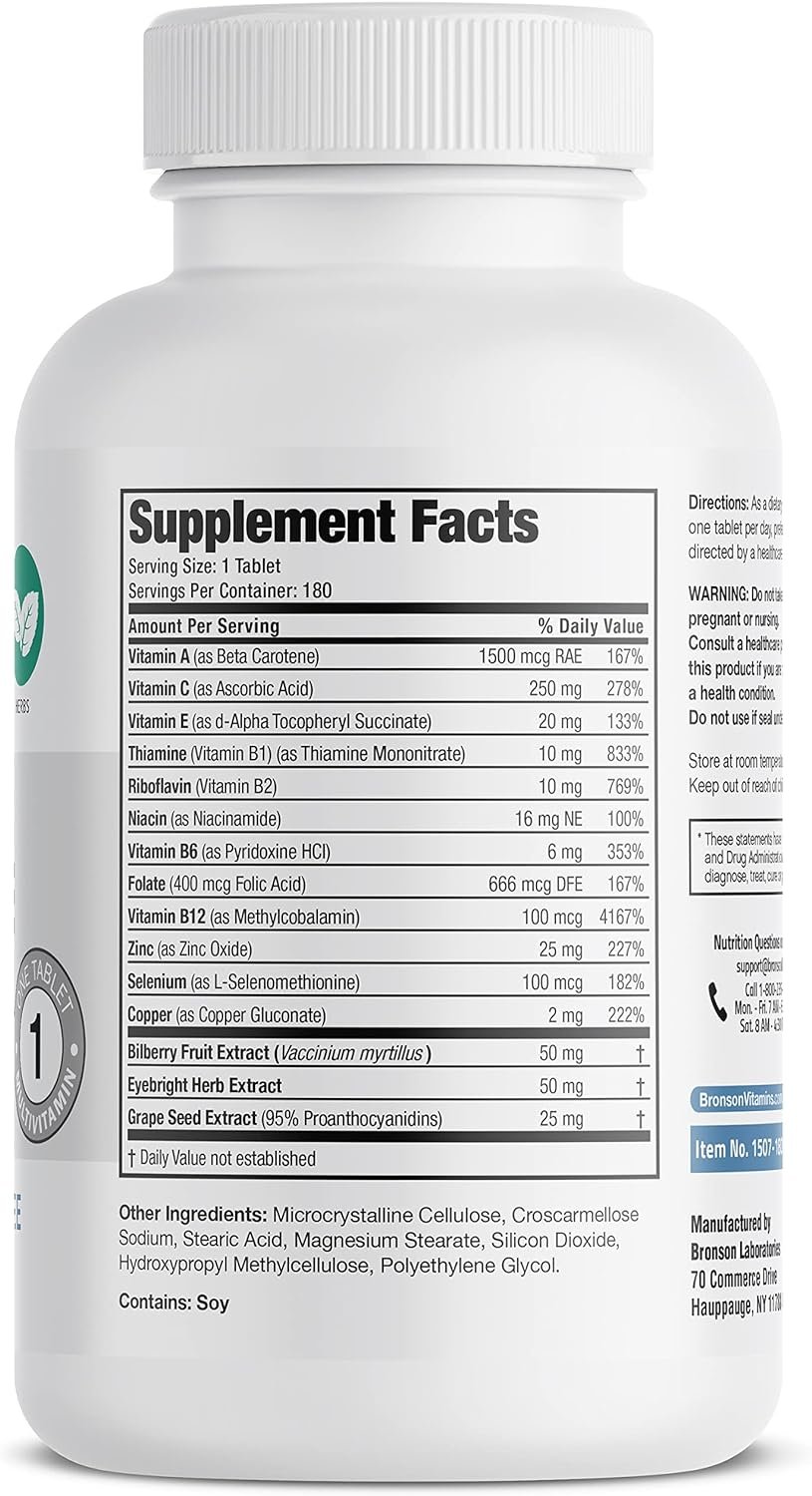 Bronson ONE Daily Vision Complete Eye Health Support Multivitamin Multimineral Supplement Formula, 180 Tablets - Image 3