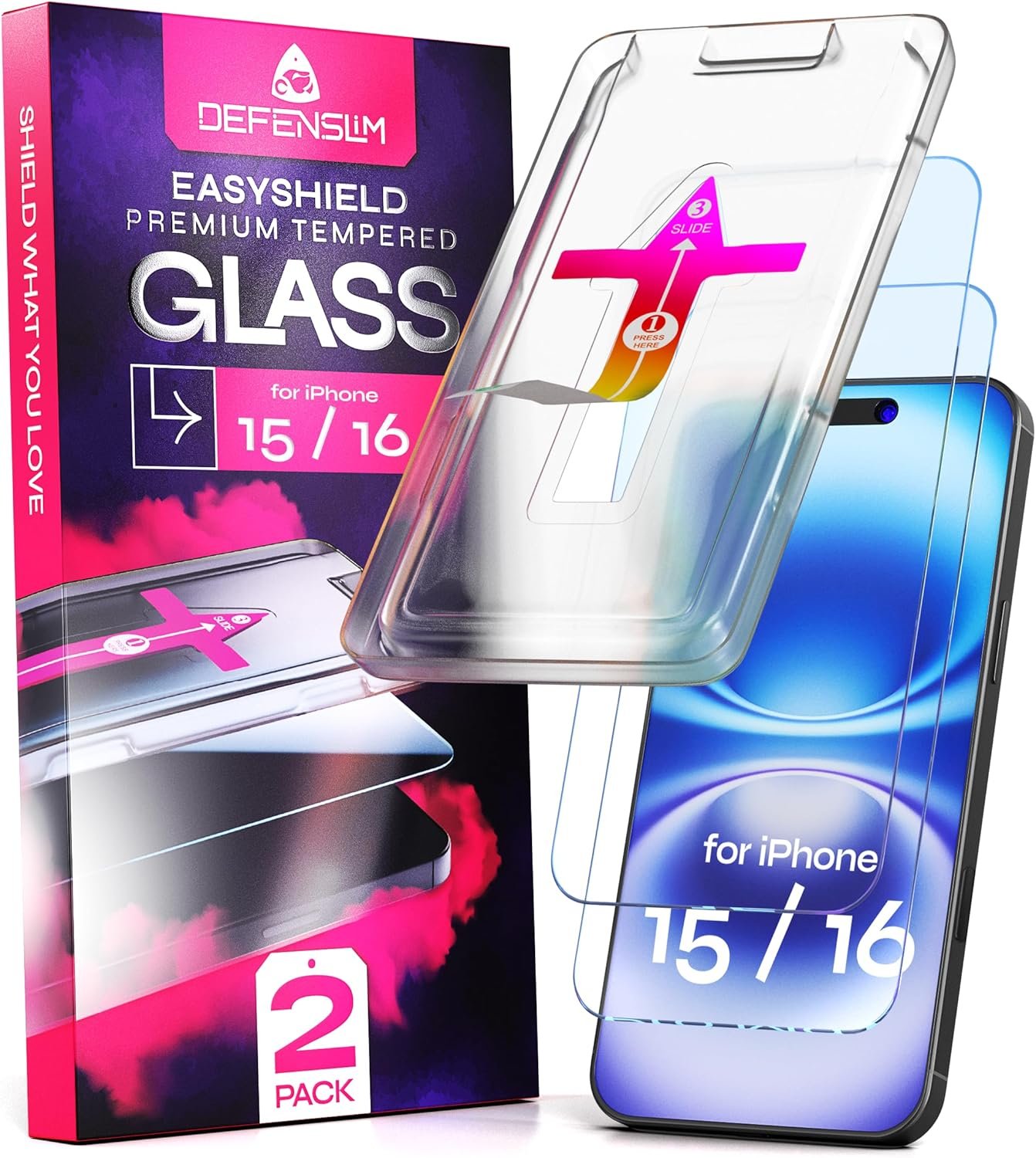 Screen Protector compatible with iPhone 15/16 (2Pack), Easy Auto-Align Install Kit, 6.1" Tempered Glass, 9H Hardness, Ultra HD Clear, Case Friendly, EasyShield - Image 2