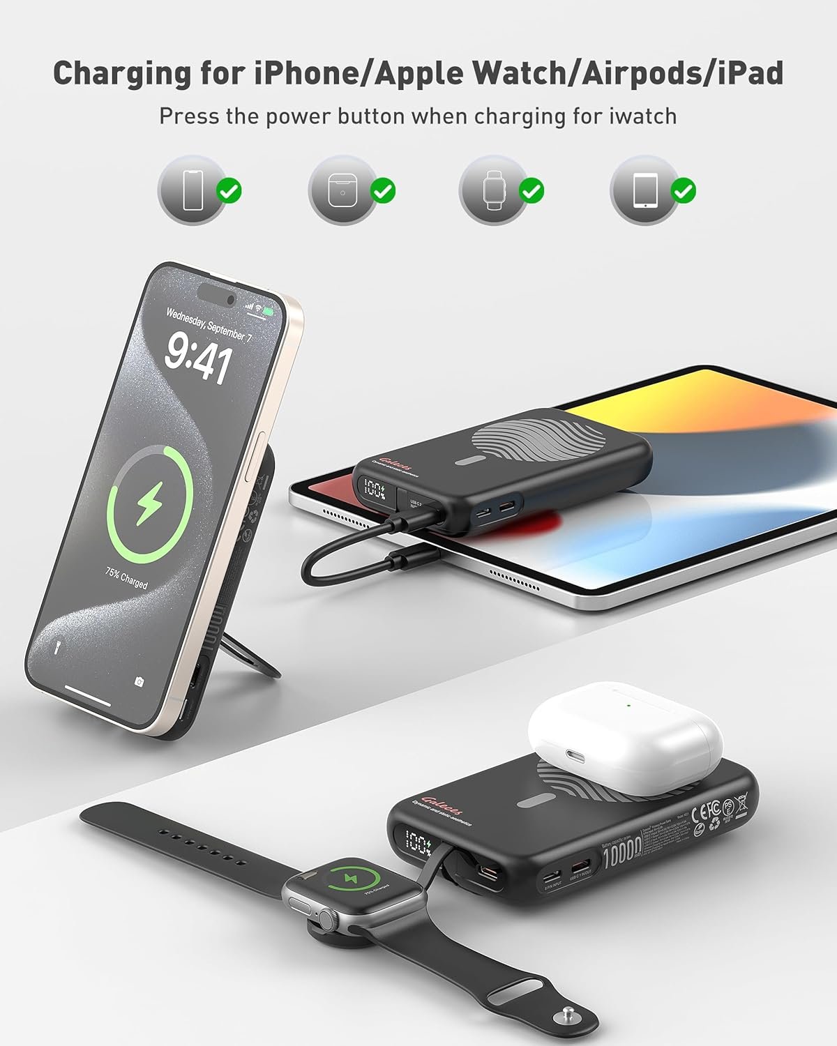 Magnetic Power Bank for iPhone Apple Watch Airpods iPad Series 10000mAh Wireless Portable Charger for Magsafe USB C in&Out Fast Charging PD 20W Battery Pack Gifts for Christmas (Black) - Image 3