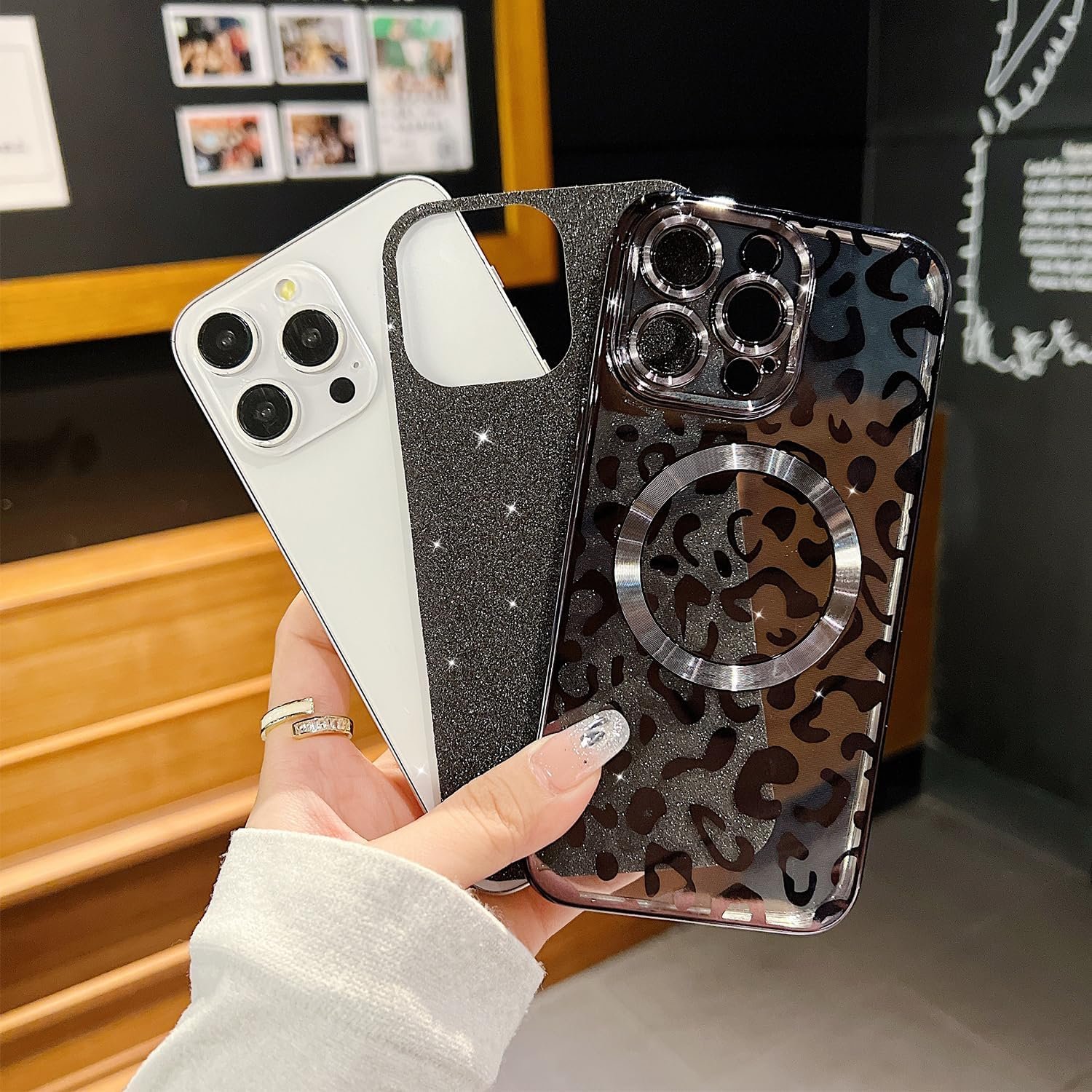 for iPhone 15 Pro Max Case Magnetic,Soft Cute Luxury Leopard Cheetah Pattern Plating Glitter Bling Phone Case Compatible with MagSafe Clear Shockproof Back Cover for Women Girl 6.7"-Black - Image 7
