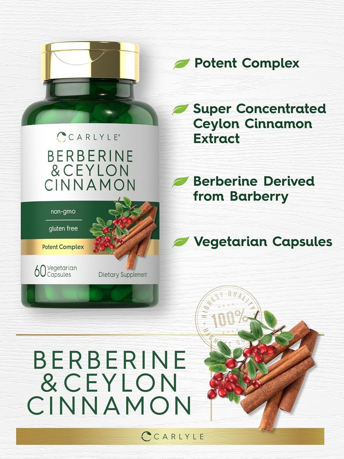Carlyle Berberine with Ceylon Cinnamon | 2000mg Complex | 60 Capsules | Vegetarian, Non-GMO, Gluten Free - Image 5