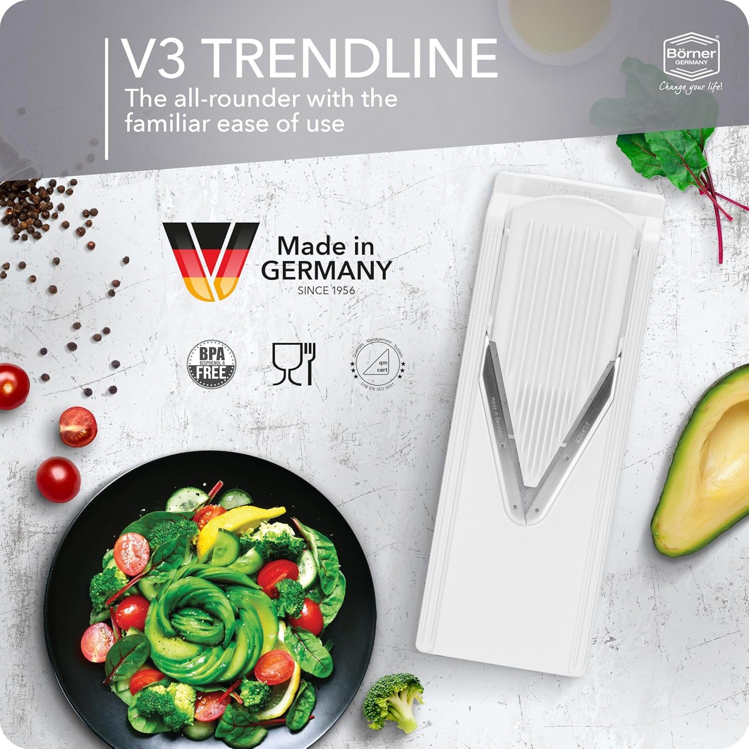 Börner Mandoline Slicer V3 (Starter Set) • V-Slicer for 5 Cutting Styles with Fruit Holder • Adjustable Vegetable Slicer for Vegetables & Fruits • Stainless Steel V-Blade • Color: White - Image 5