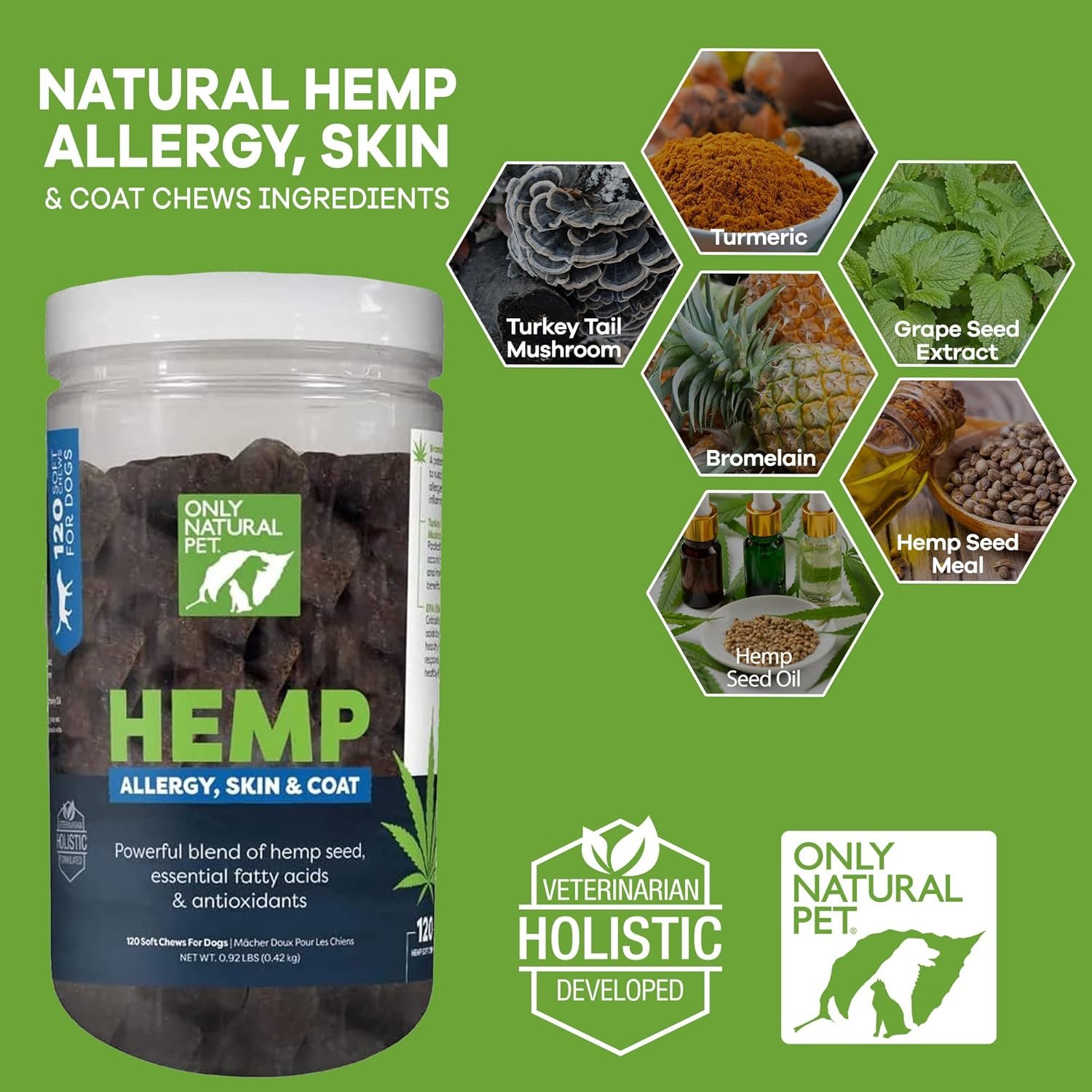 Only Natural Pet Allergy, Skin & Coat Hemp Soft Chews - Allergy Immune Bites for Dogs, Omega 3 Supplement, Hemp Oil - Calming Treats for Itchy Skin Relief, Hot Spot - (120 Count) - Image 3