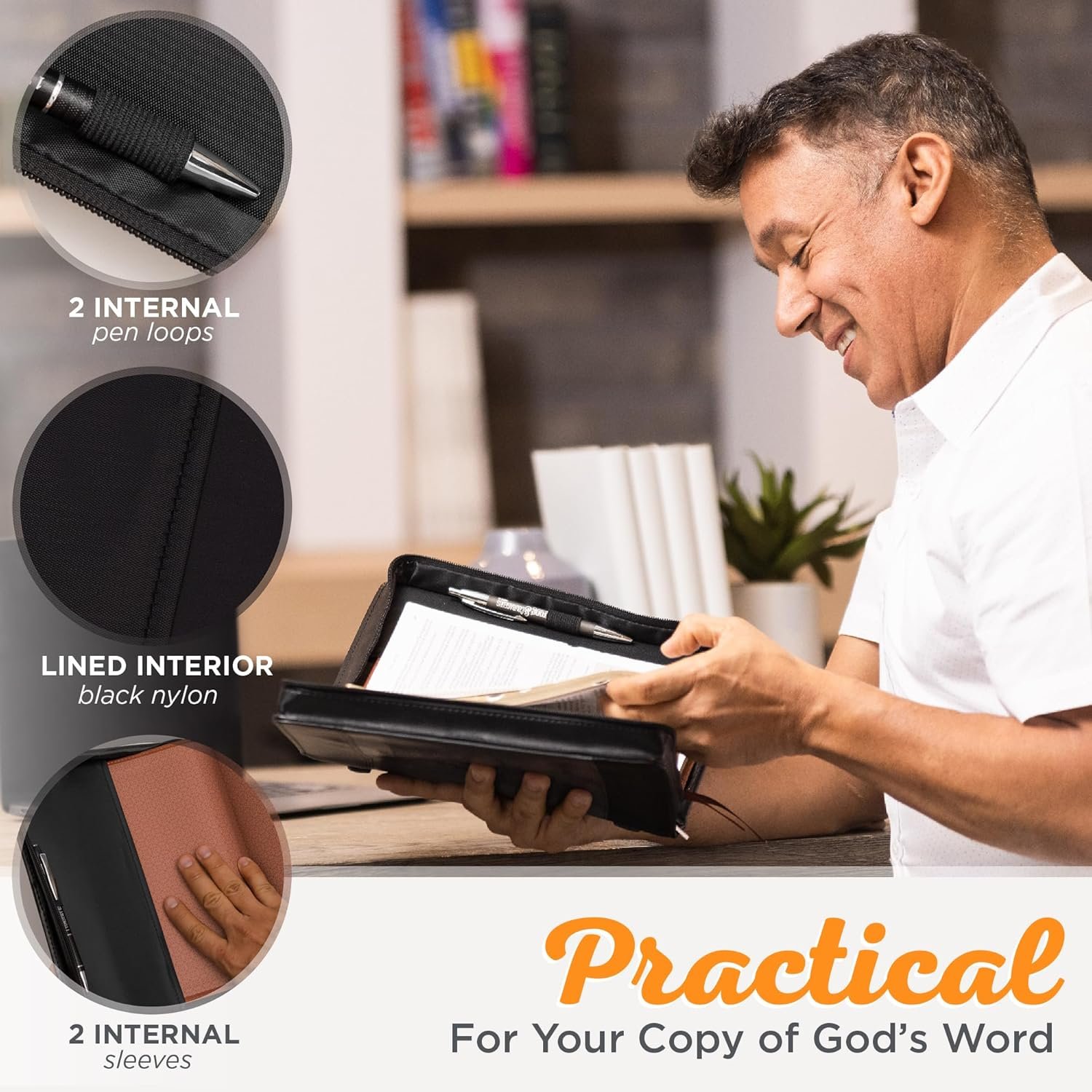 Christian Art Gifts Classic Faux Leather Bible Cover for Men and Women: Be Strong and Courageous - Joshua 1:9 Inspirational Bible Verse with Lion, Gray and Black, Large - Image 4