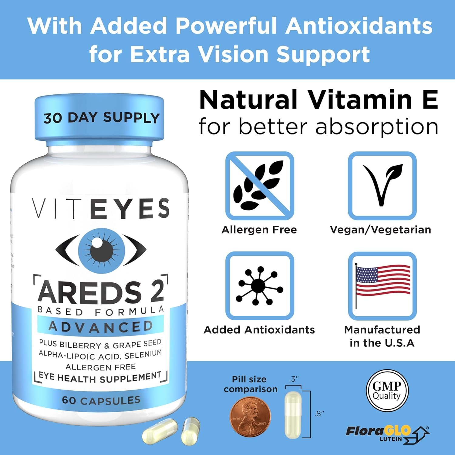 Viteyes AREDS 2 Advanced Macular Support with Bilberry, grapeseed, FLORAGLO Lutein, Selenium, Natural Vitamin E, Allergen Free, Eye Vitamins for Vision Protection, 60 Count - Image 6