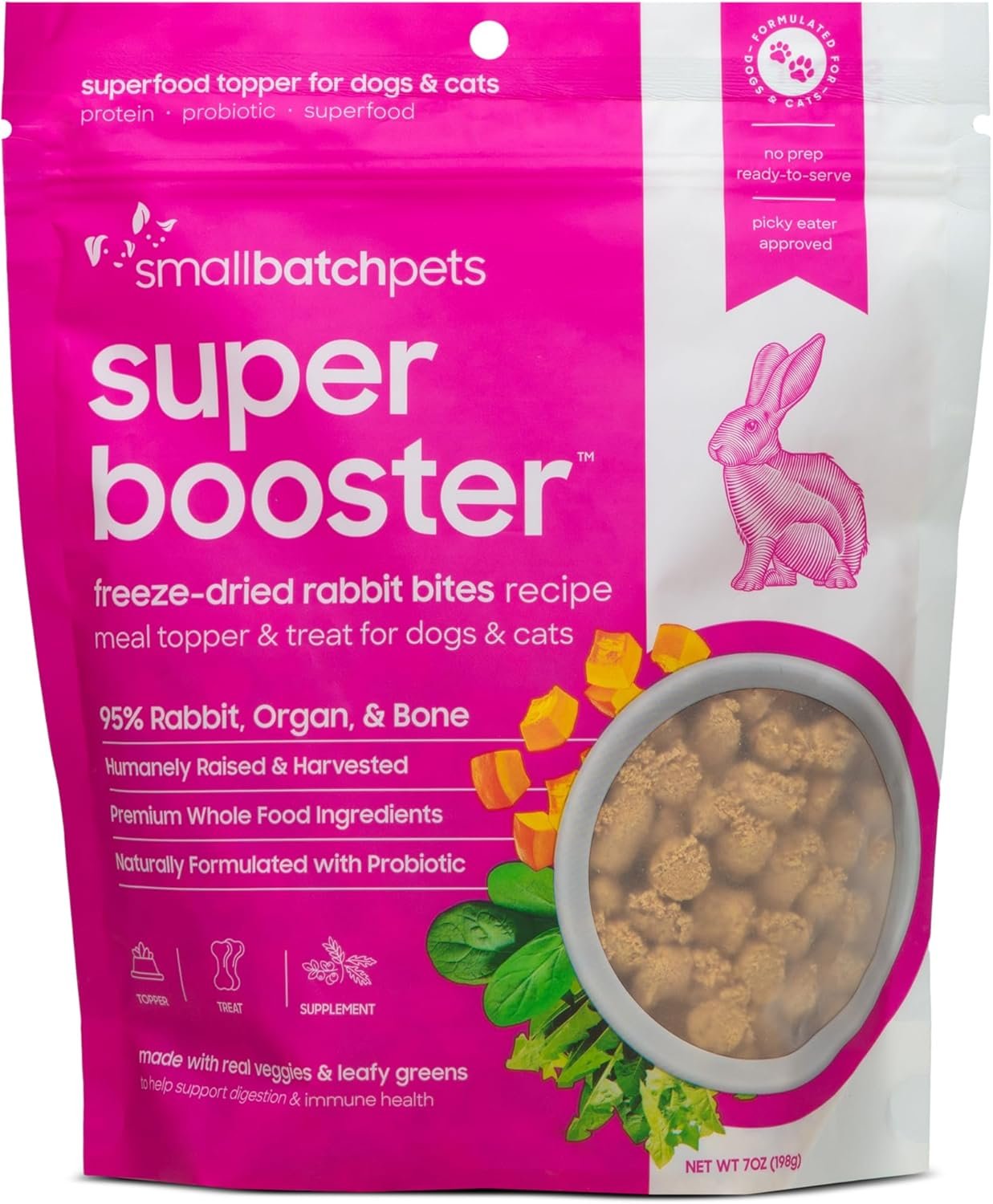 smallbatch Pets Freeze-Dried Super Booster Rabbit Bites for Dogs & Cats, 7 oz, Made in The USA, Humanely Raised Single Protein Source, Topper & Treat, with Organic Vegetables and Probiotics - Image 2