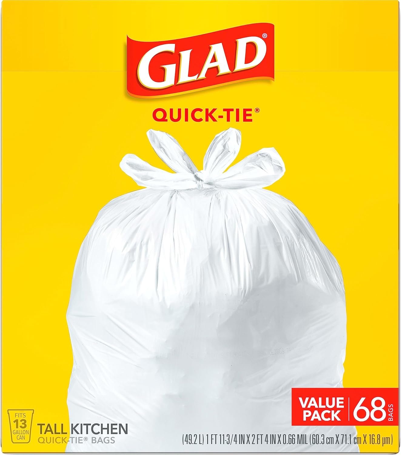 Glad Trash Bags, Tall Kitchen Quick-Tie Garbage Bags, 13 Gallon, White, 68 Count, Pack May Vary - Image 5