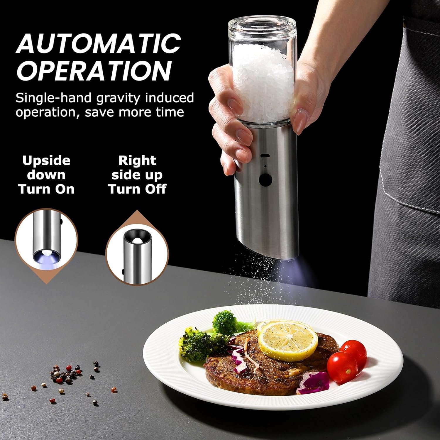 VEVOK CHEF Electric Salt and Pepper Grinder Set Rechargeable with LED Light USB Automatic Gravity Stainless Steel Pepper Mill Spice Grinder Adjustable Coarseness - Image 4