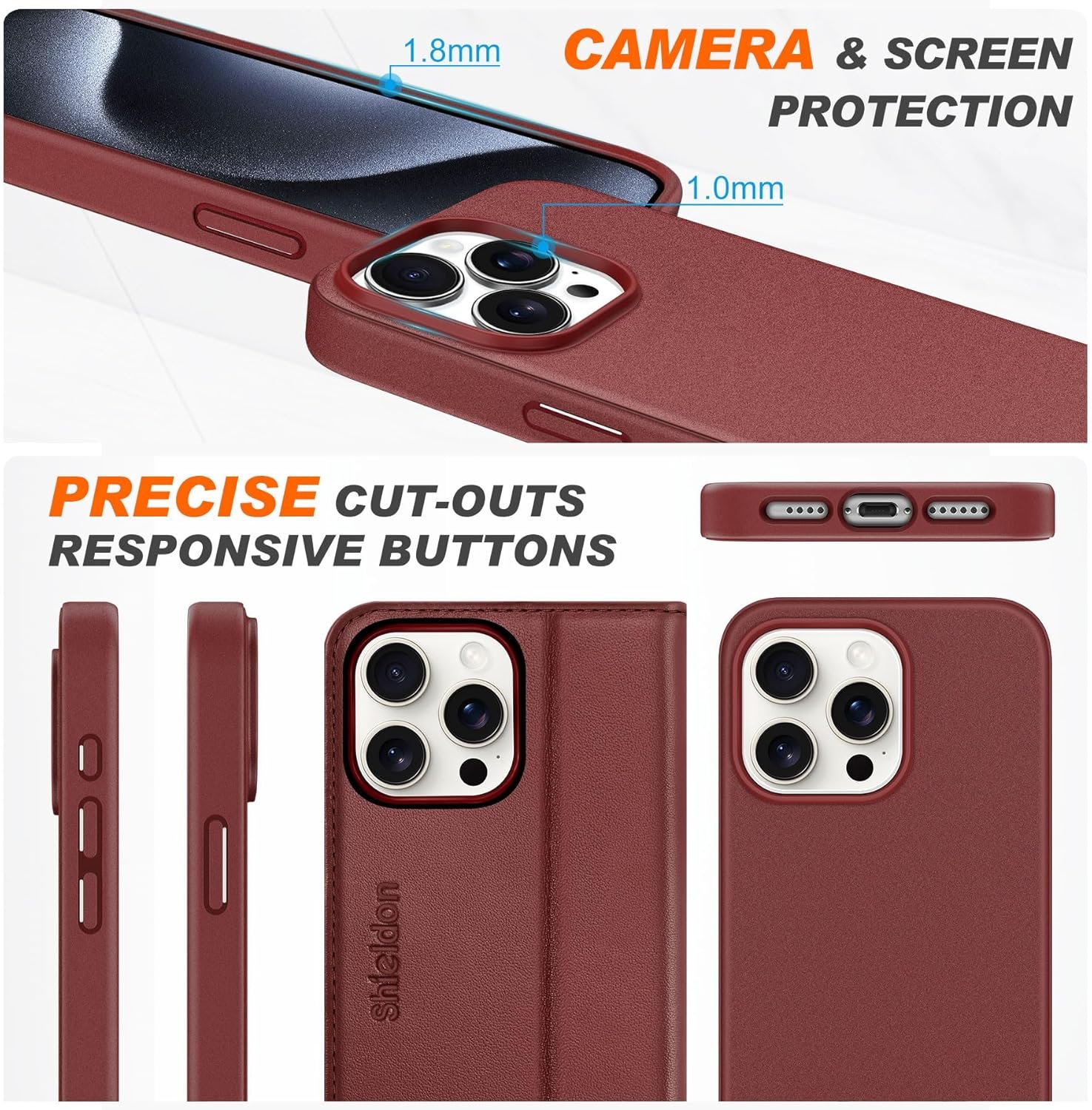 SHIELDON Case for iPhone 15 Pro Max 5G, Genuine Leather Detachable Wallet Kickstand RFID Blocking Card Holder Magnetic Shockproof Wireless Charging Case Compatible with iPhone 15 Pro Max - Wine Red - Image 9